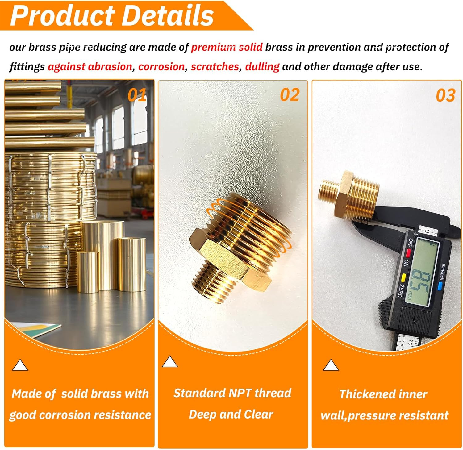 2pcs 3/4″ NPT x 1/4″ NPT Brass Nipple, 3/4 to 1/4 Adapter Fitting Reducing Solid