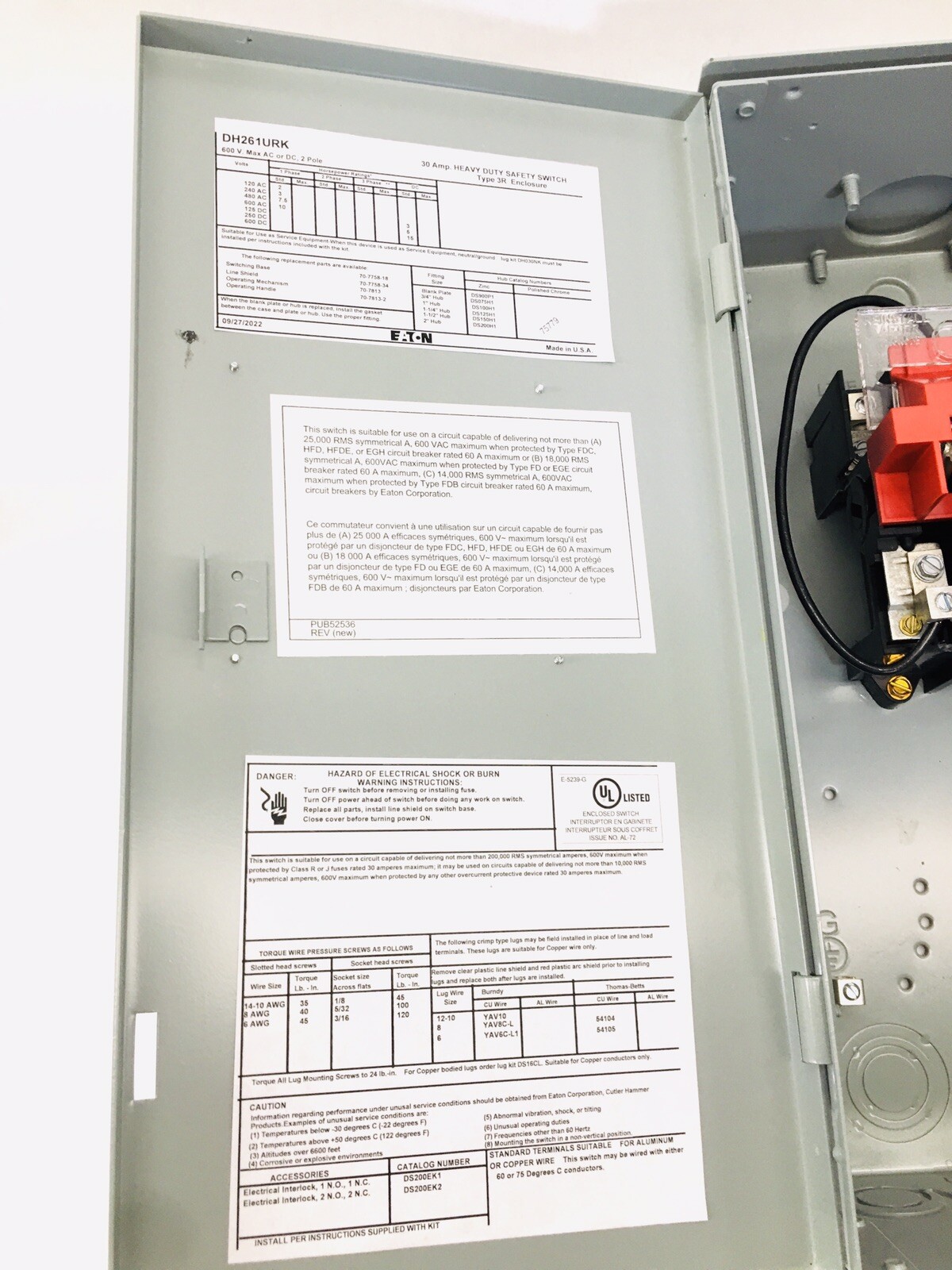 EATON ELECTRIC BOX DH261URK 30AMPS – 600V MAX AC OR DC, 2 POLE