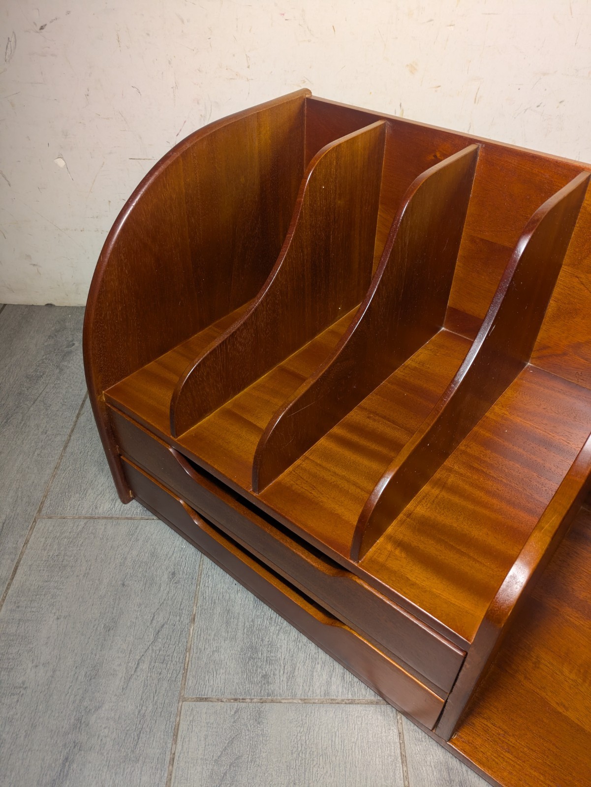 Vintage Mid Century Danish Modern Mahogany Wood Desk Organizer Mail Sorter H66