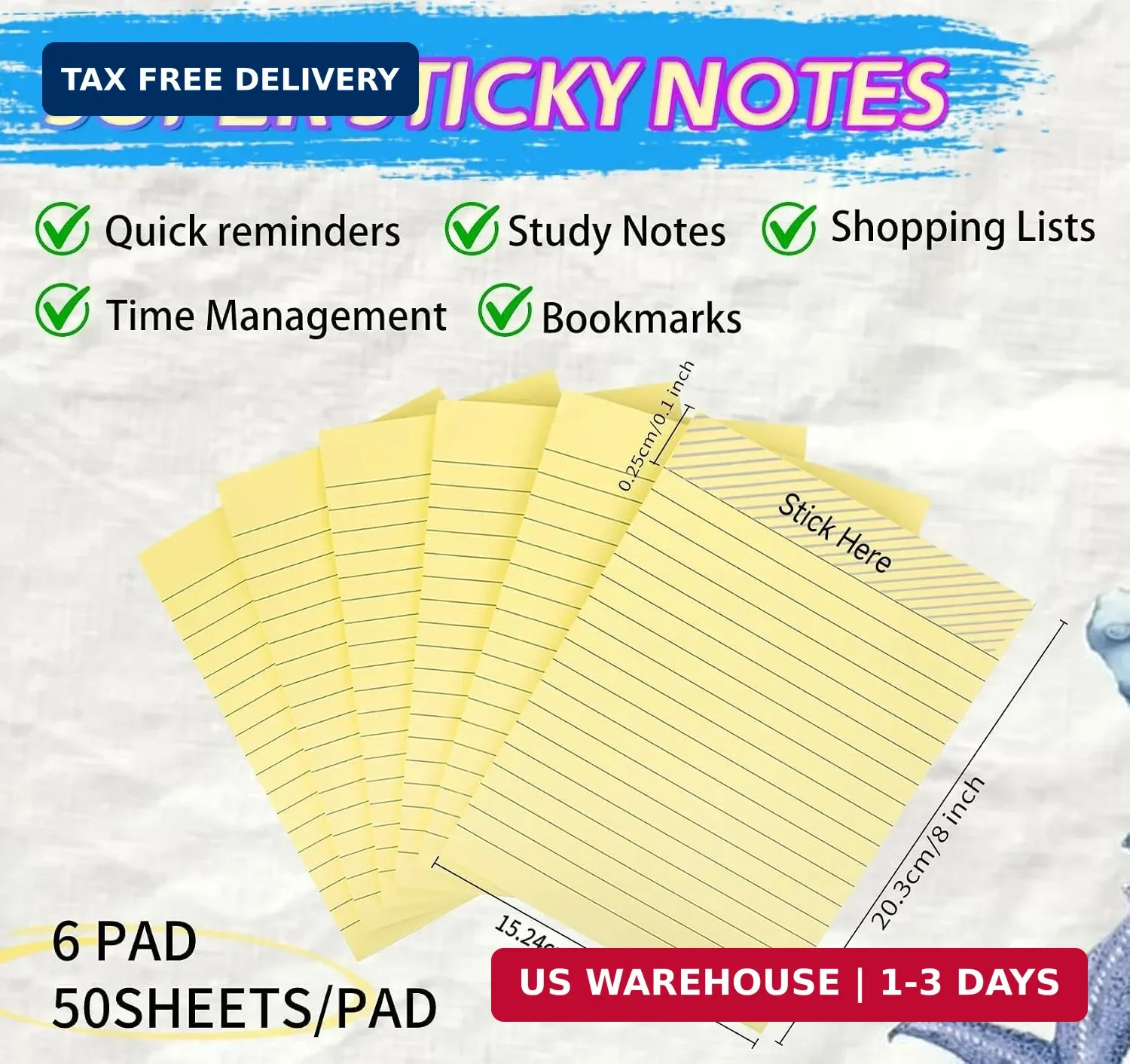 Large Sticky Notes 6x8in Yellow,300 Sheets, Clean Removable Note Pad | 6 Pack li