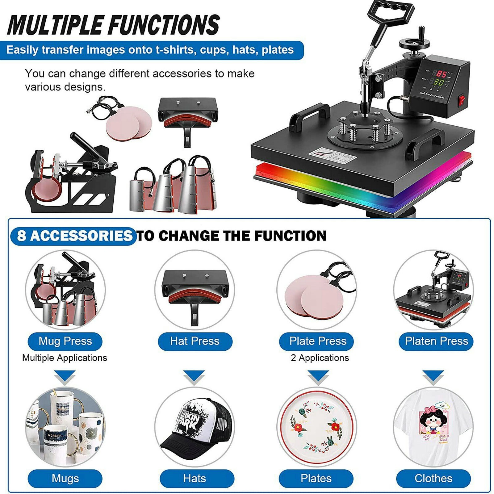 8 IN 1 Combo T-Shirt Heat Press 15″x15″ Transfer Machine Sublimation Swing Away