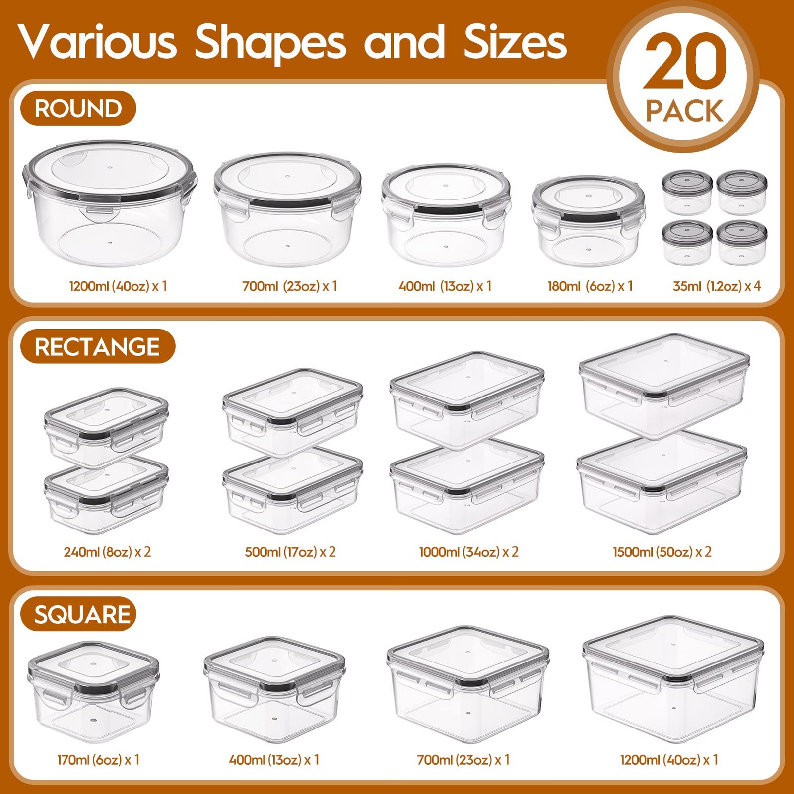 KEMETHY 40 PCS Food Storage Containers with Lids (20 Containers & 20 Lids)