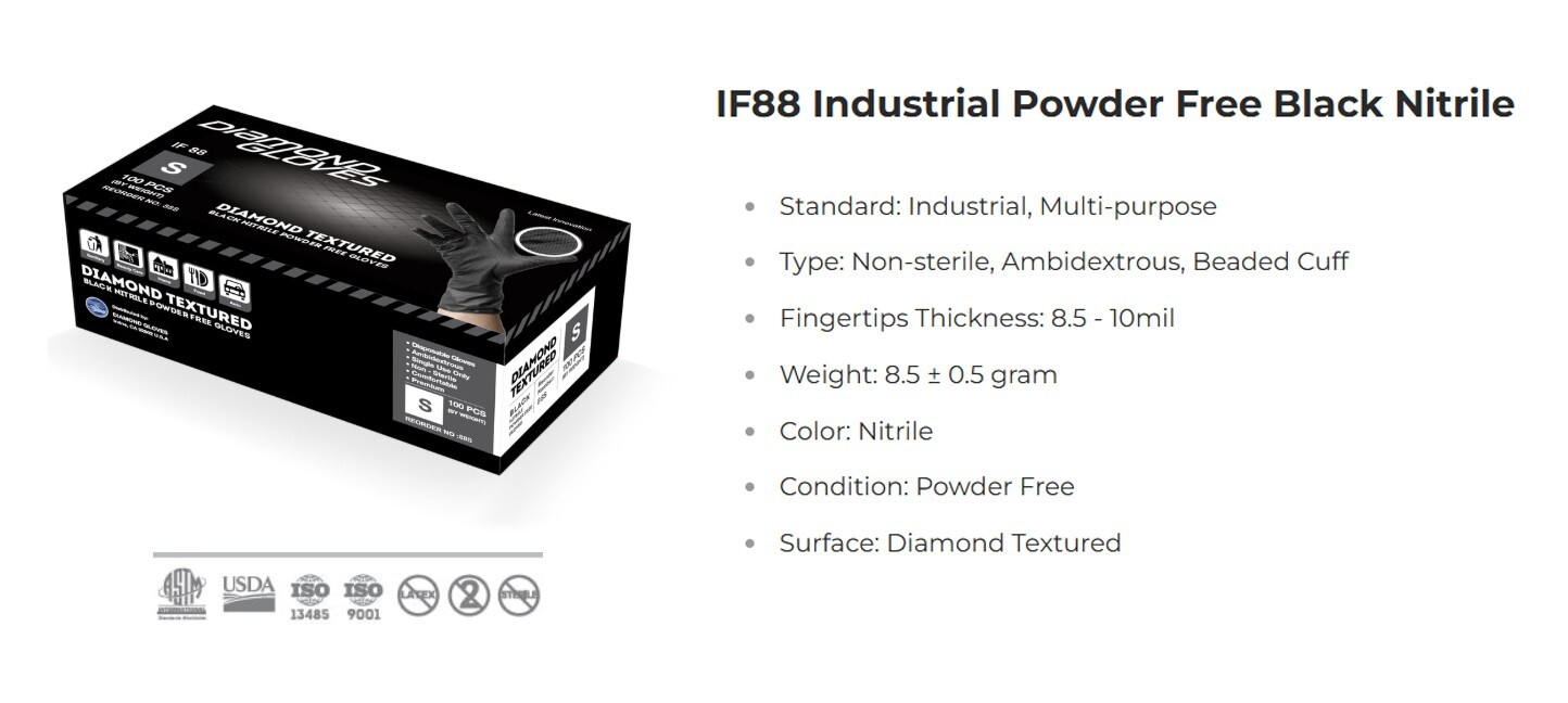 Heavy Duty Black Nitrile Diamond Textured Gloves 8 Mil Powder-Free Case of 1000