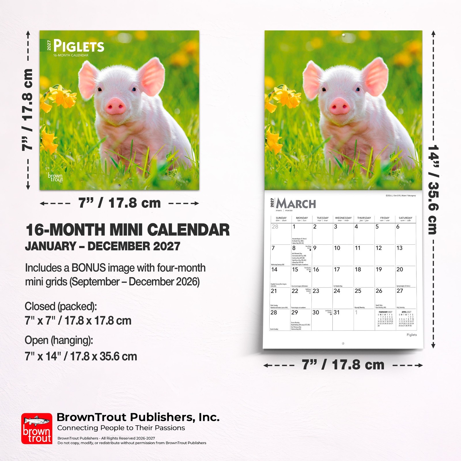 Piglets | 2027 7×14″ (Hanging) Monthly Mini Wall Calendar