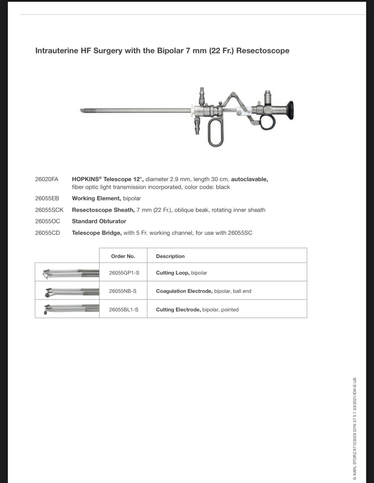 K. Storz 26040GP1, 26 Ch BIPOLAR CUTTING LOOP 26Fr, 0.35MM. Box /6. Brand New