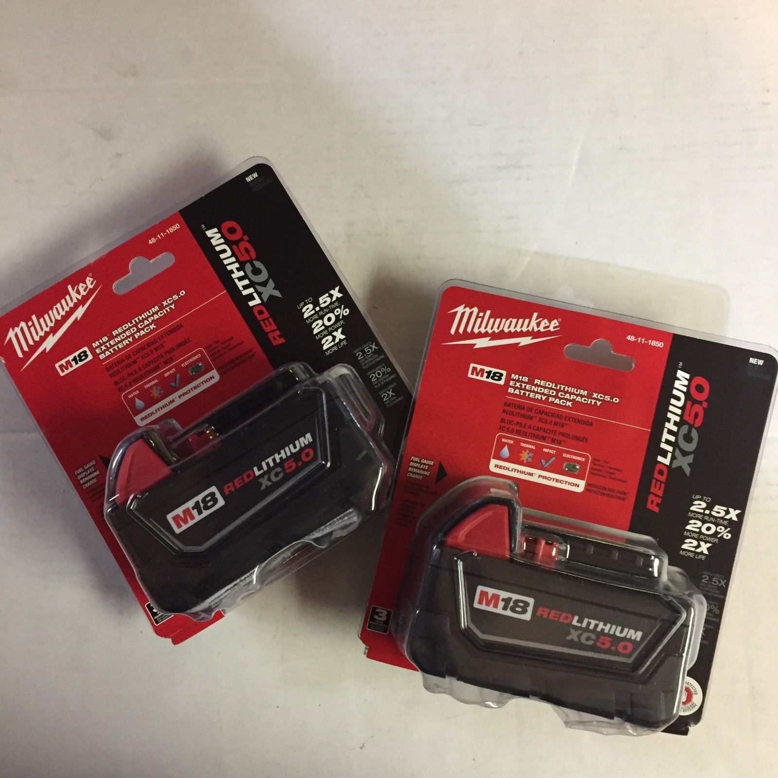 Genuine Milwaukee M18 XC 5 amp 18V Lithium Battery 48-11-1850 2 Pack 48-11-1852