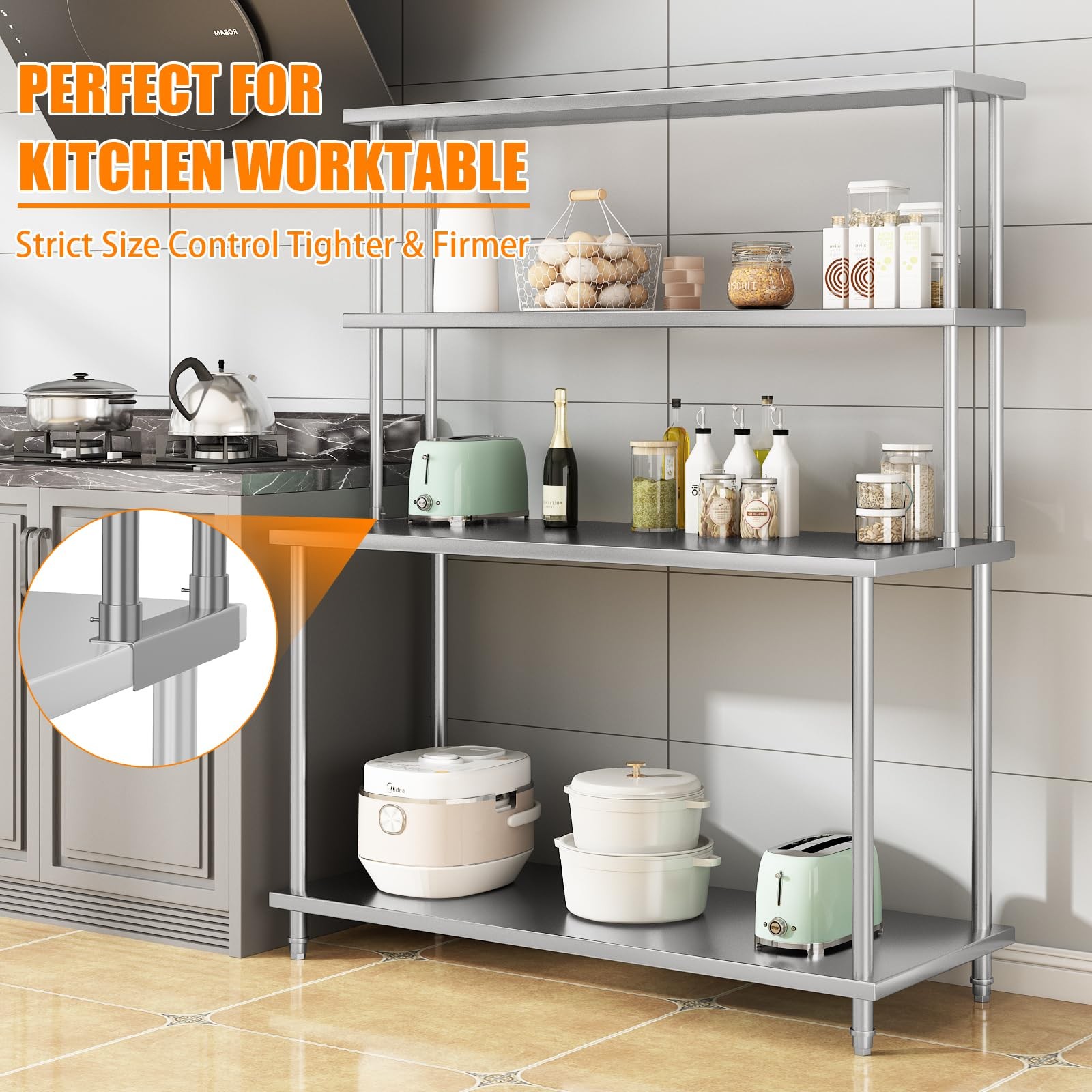 60x12x37 in Stainless Steel Overshelves 2-Tier Heavy Duty Adjustable Shelves