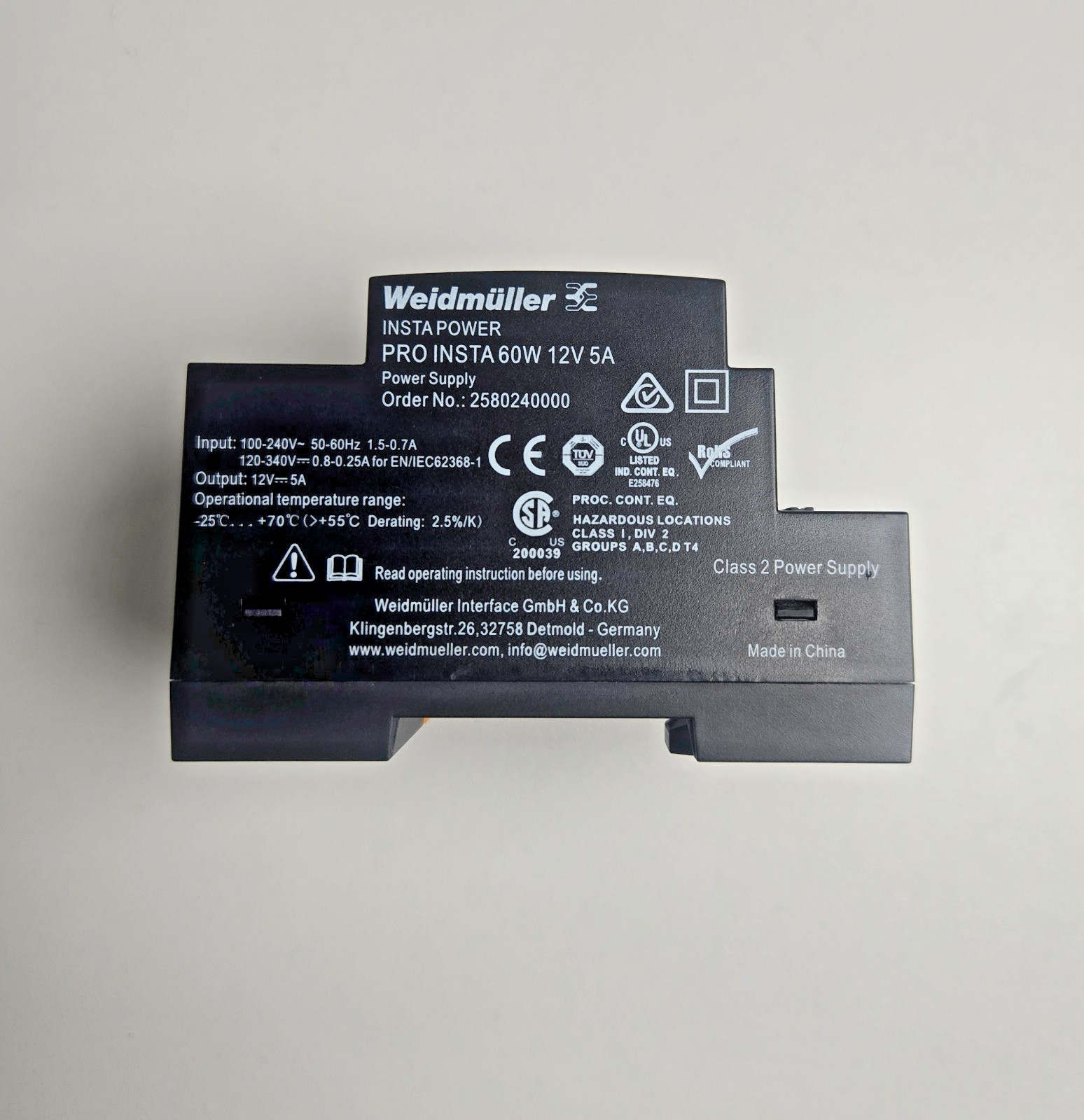 Weidmuller PRO INSTA 60W 12V 5A switching power supply 2580240000