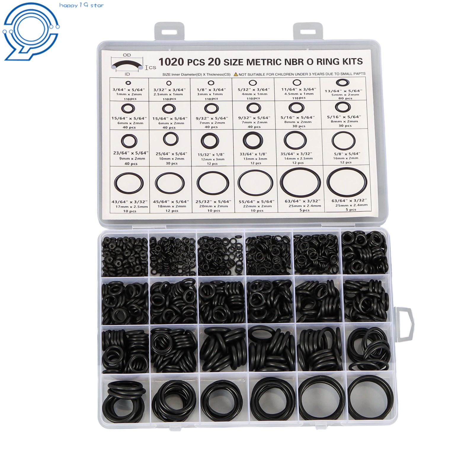 1020-Piece Nitrile Rubber O-Ring Assortment, 20 Sizes Resists Oil and Heat