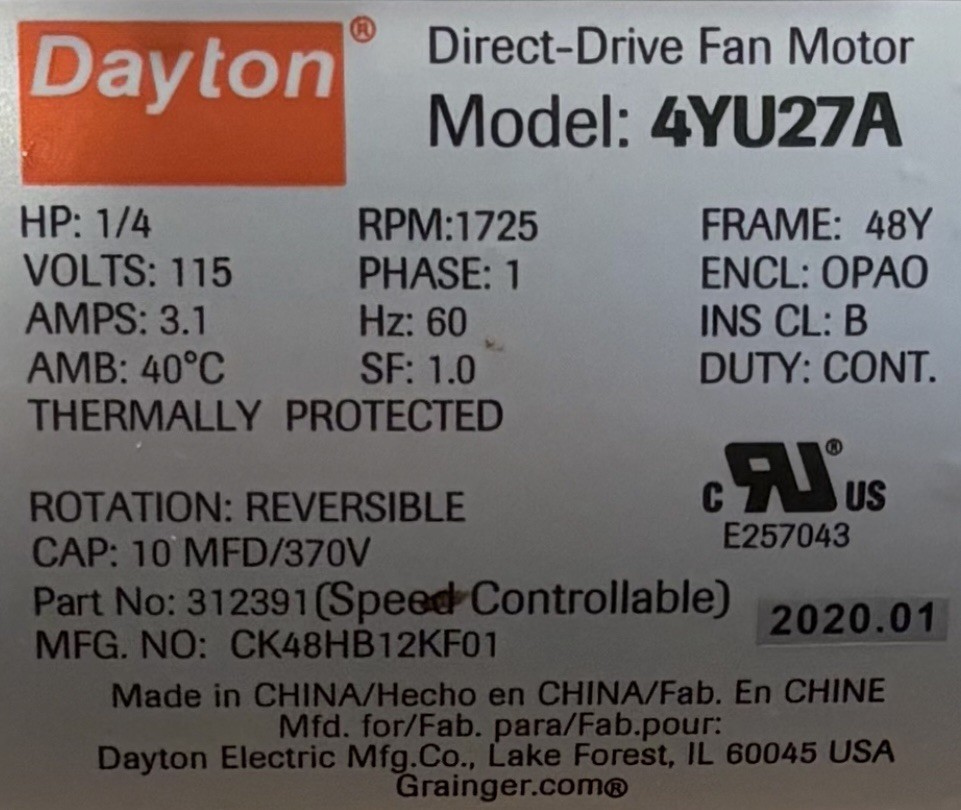 Dayton Fan Motor (Never Used, pulled out of new blower) 1/4 HP. #4YU27A
