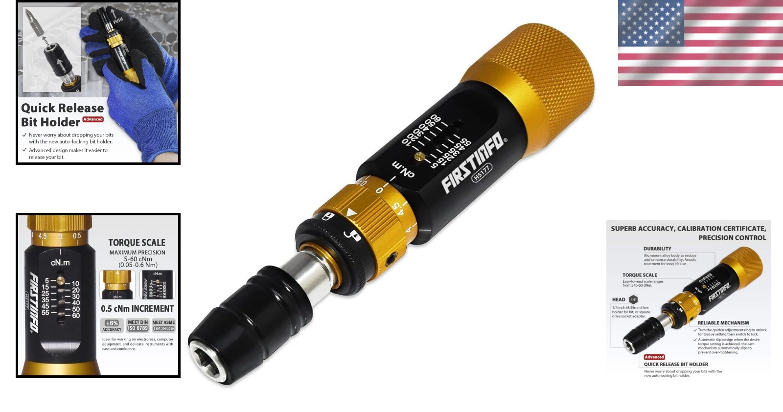 Precision Torque Limiting Screwdriver: 0.44-5.31 in-lb Range, Quick-Release
