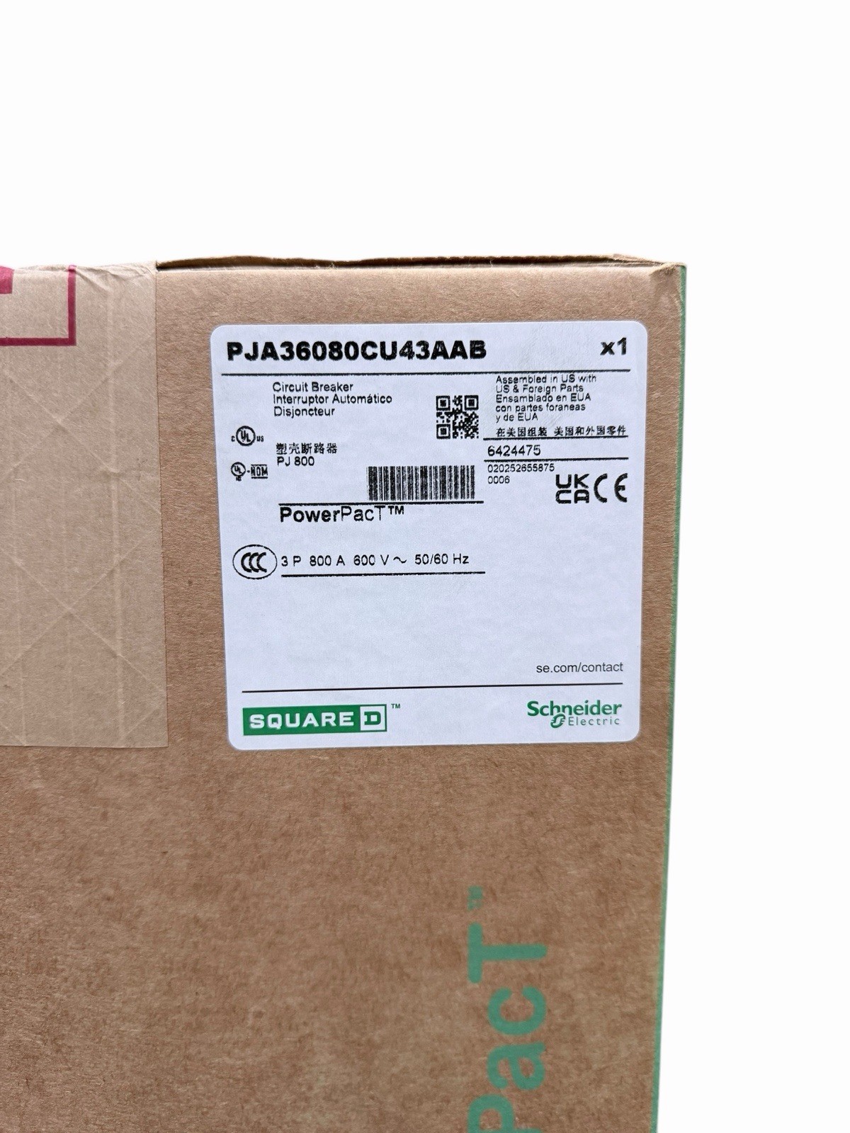 Square D PJA36080CU43A 800A 3P 600V PowerPacT Circuit Breaker Micrologic 5.0 LSI