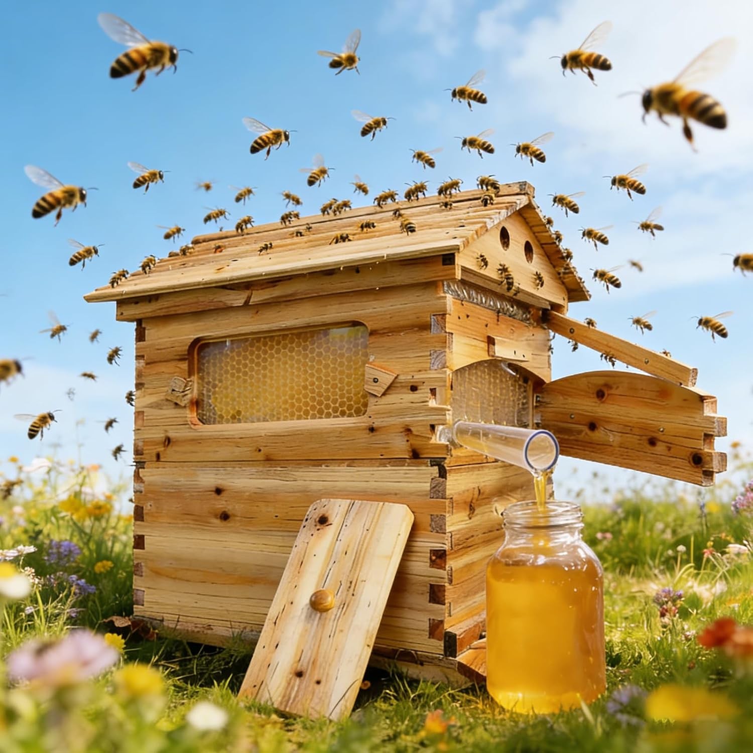 Auto Beehive Starter Kit Wooden Bee Hive Box with 7pcs Honey Tap Frames Beginner