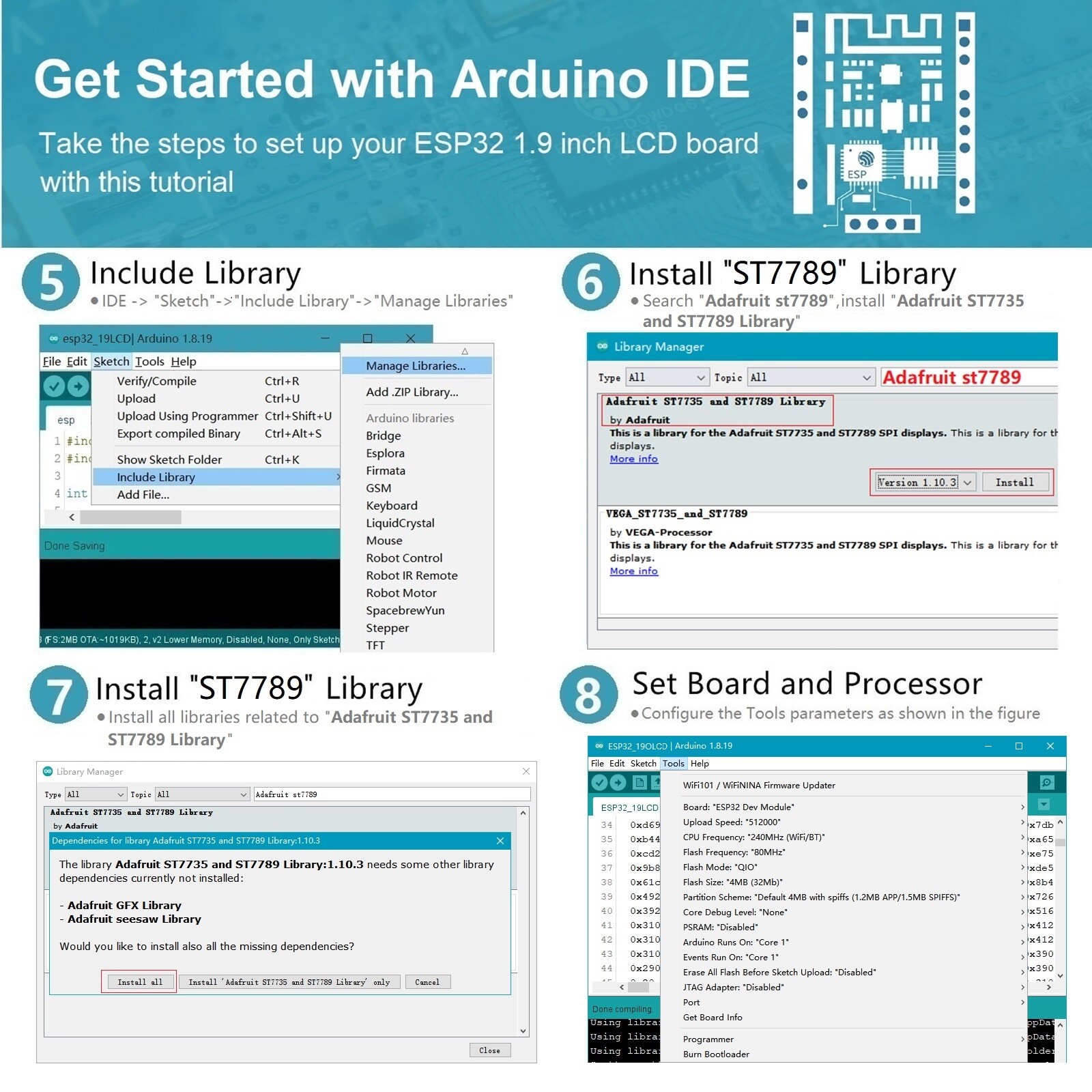 ideaspark® ESP32 Development Board 16MB 1.9 in 170×320 LCD Display,CH340,WiFi+BL