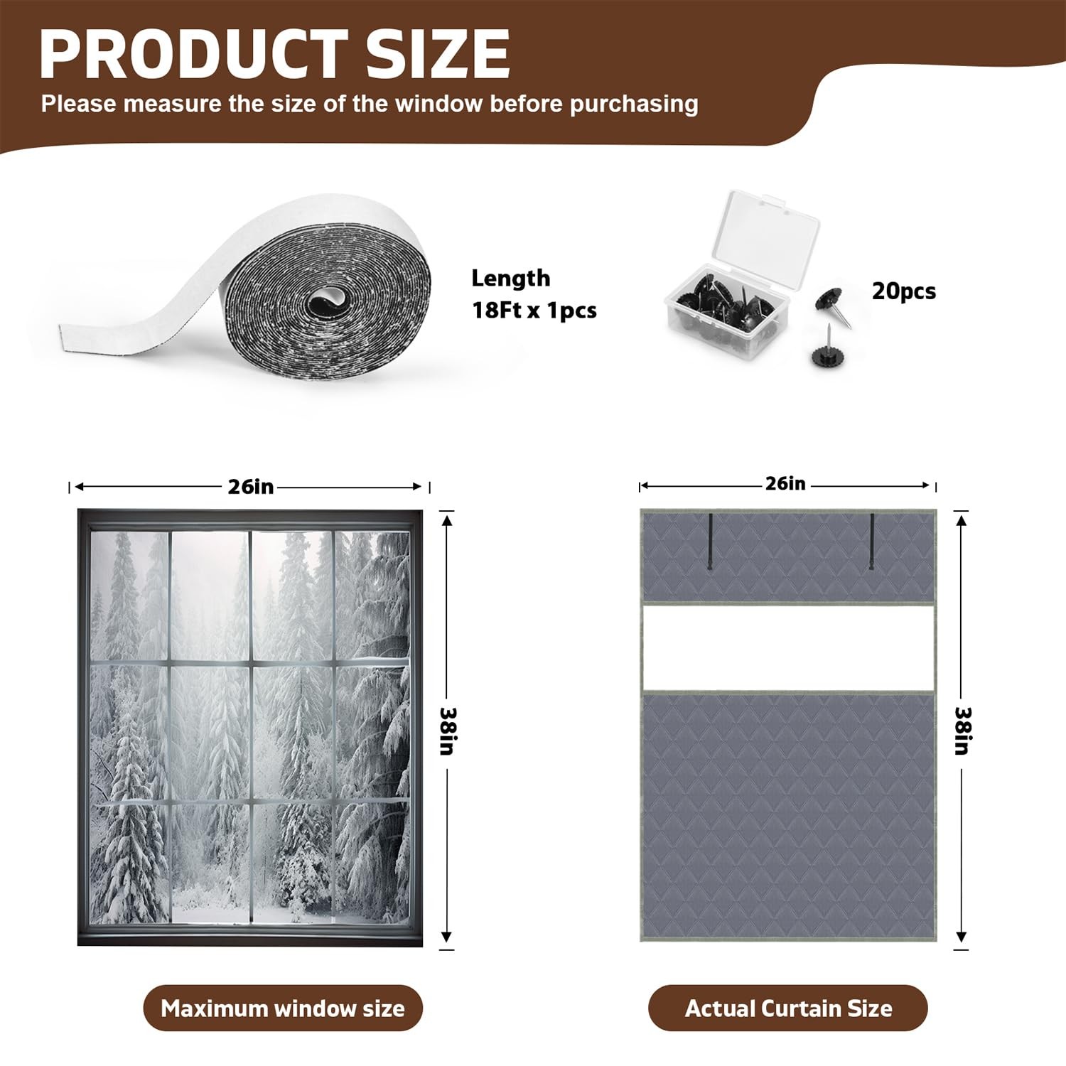 Thermal Window Cover for Winter 26″ x 38″ Visible x 38″, Gray-M
