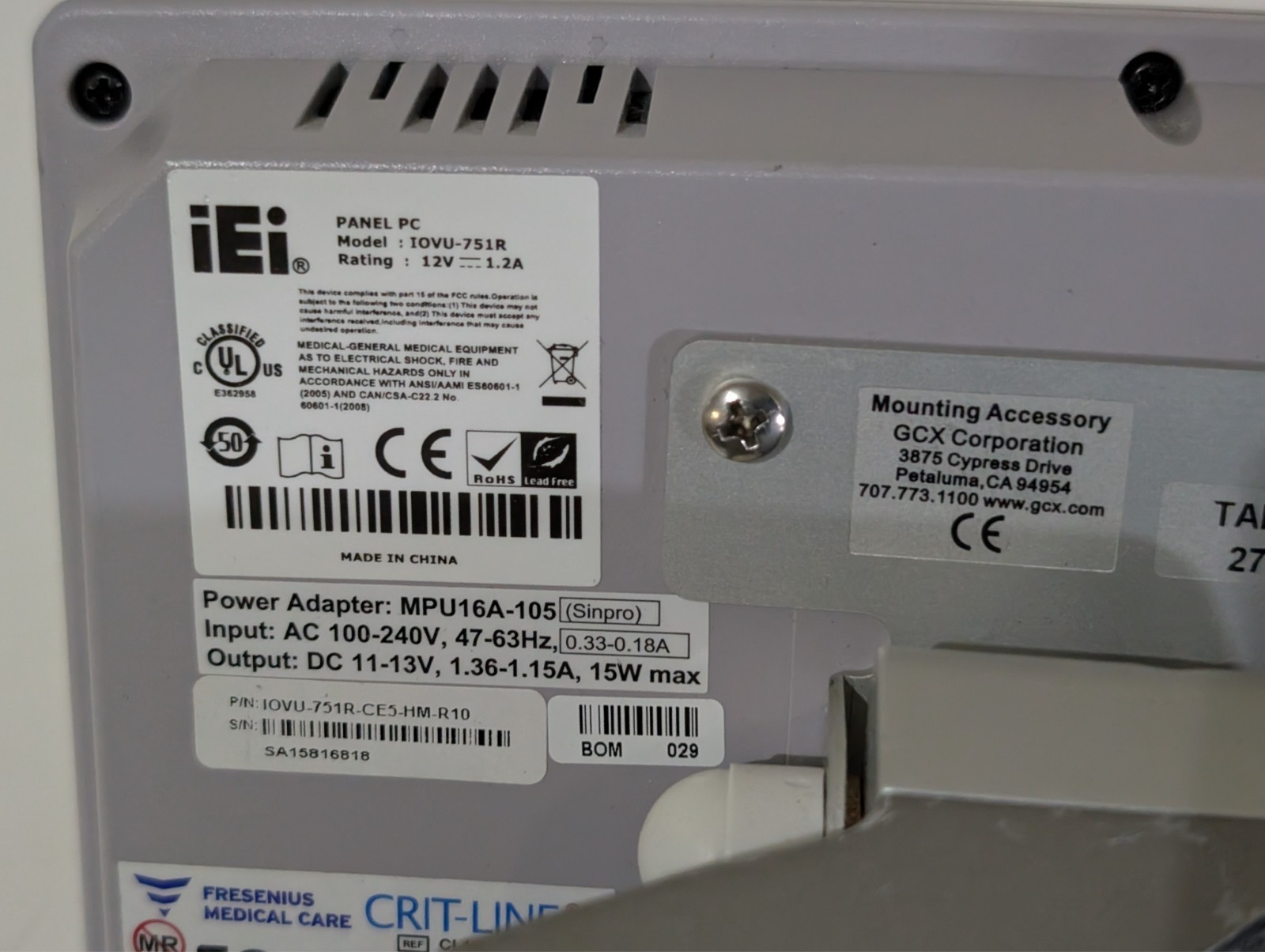 Fresenius Crit-Line IV monitor CL10051001 w/ CLiC sensor, GCX mount, as shown