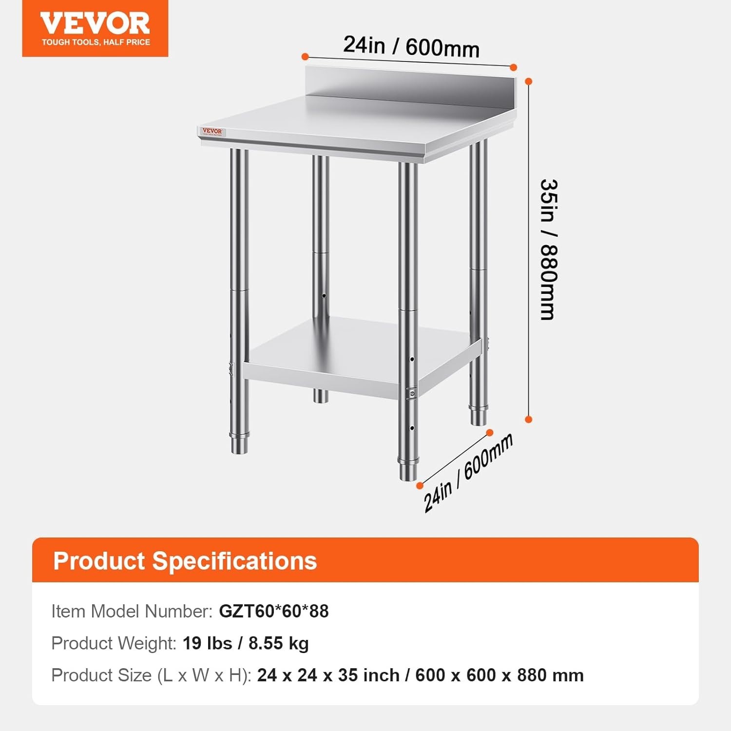 Easy Install 24x24x34 Stainless Steel Kitchen Work Table with Undershelf