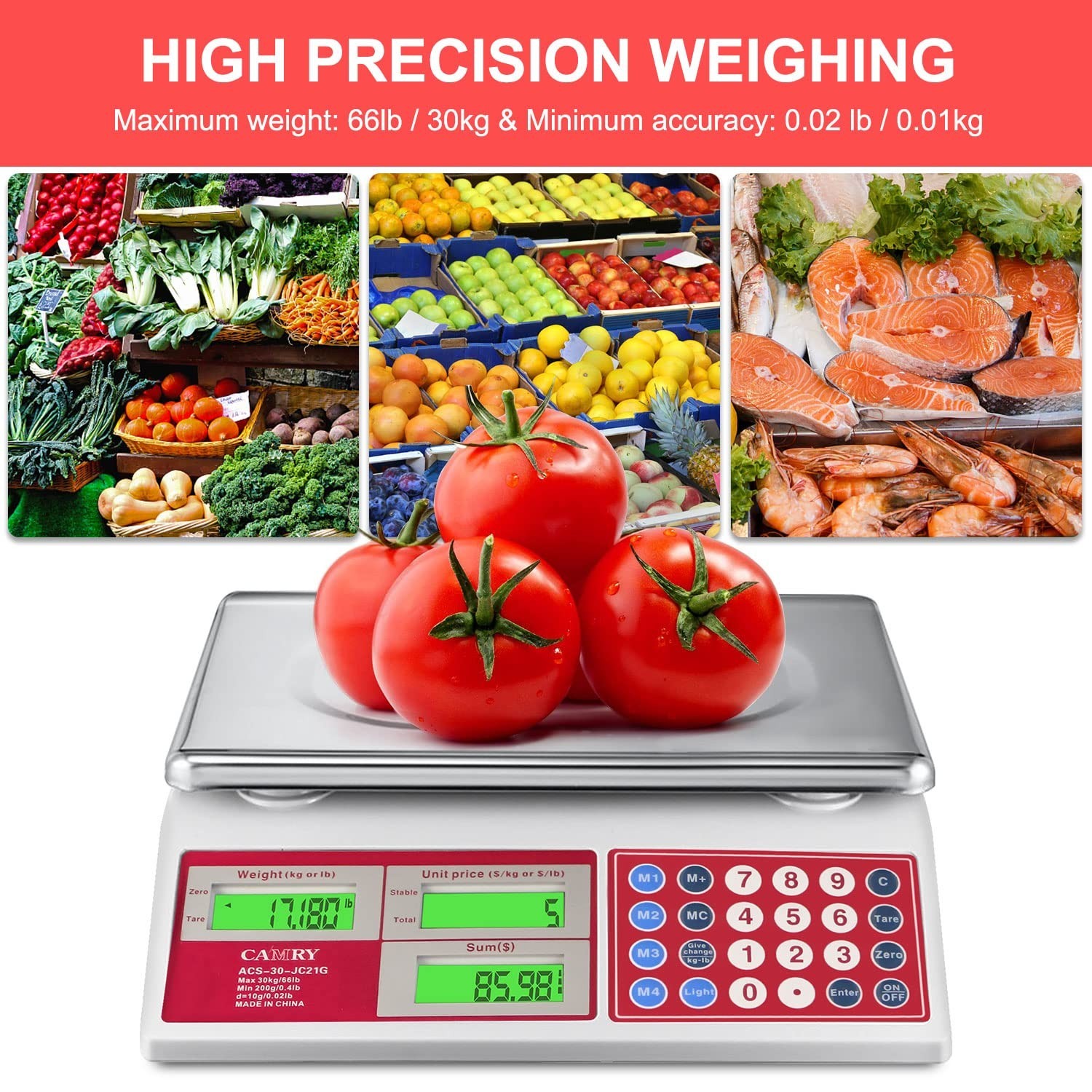 CAMRY Digital Price Computing Scale 66lb/30kg Commercial Produce Scale with S…