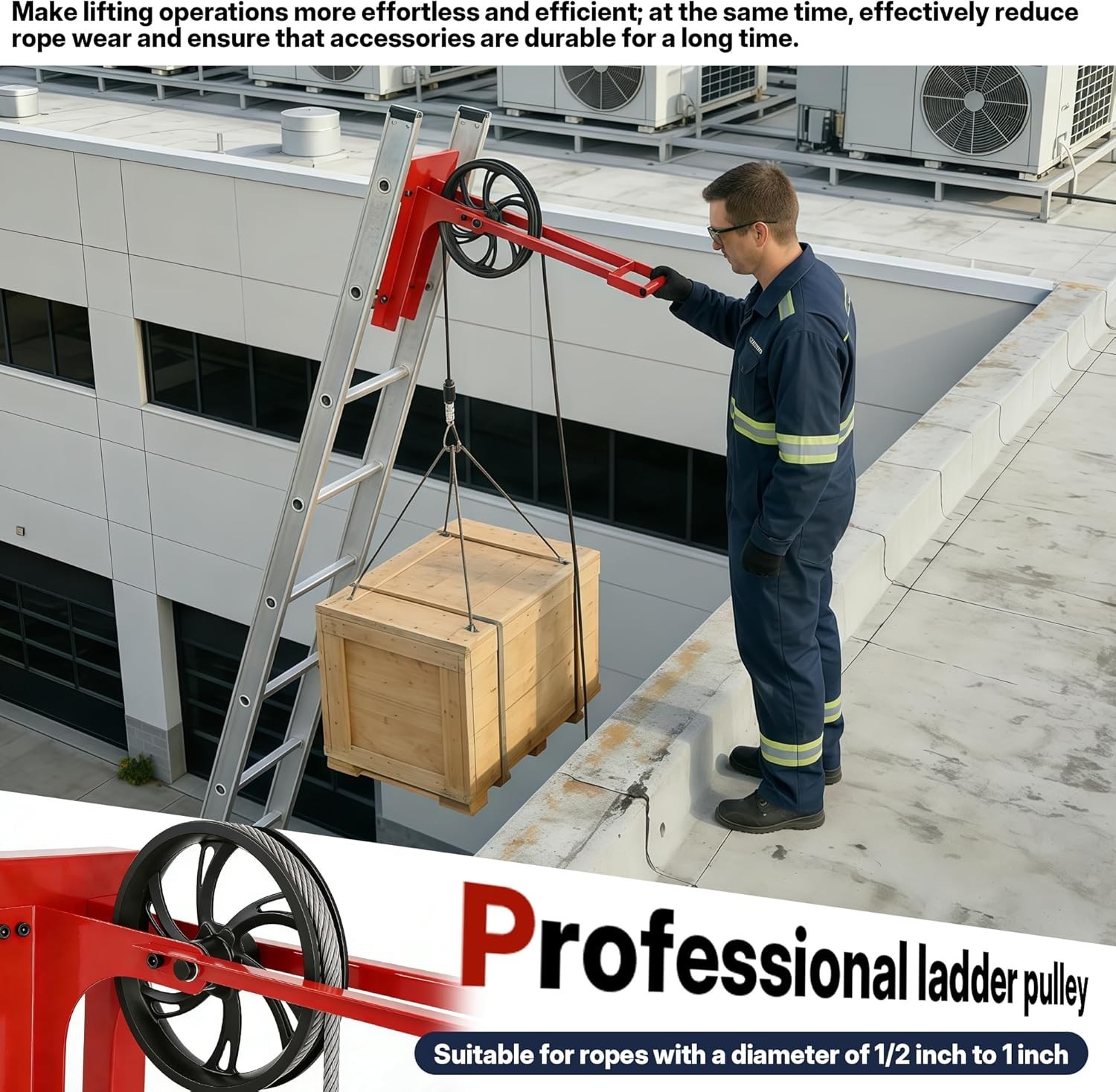 Hoisting Wheel w/ Long Handle 500 Lbs Universal Ladder Pulley Attachment Lifting