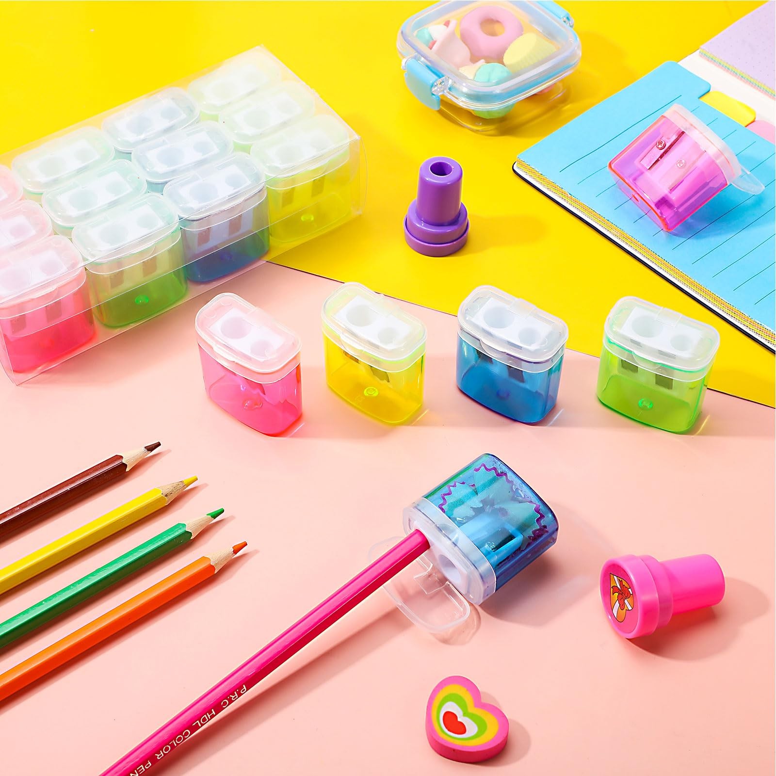 180 PCS Manual Pencil Sharpeners Bulk Handheld Dual Hole With Lid Colorful