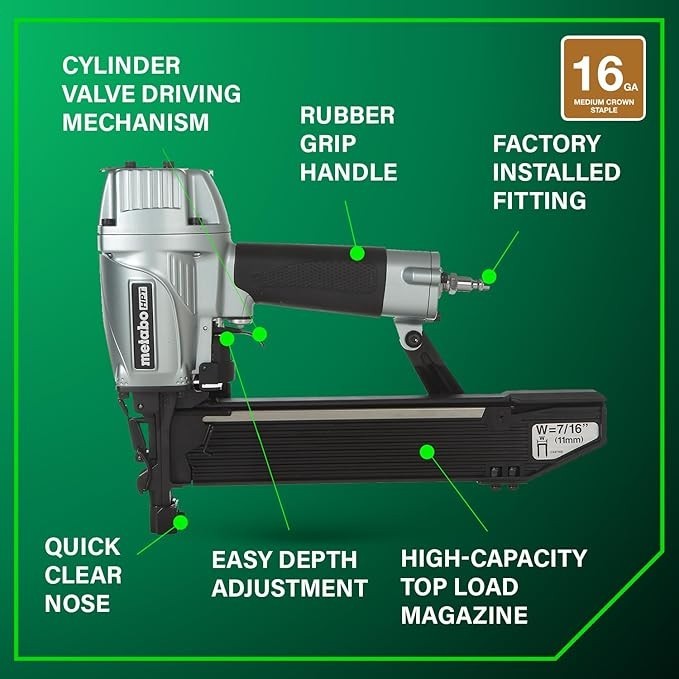 Metabo HPT 7/16 Standard Crown Stapler, 16 Gauge, Pneumatic, N5008AC2 | Roof