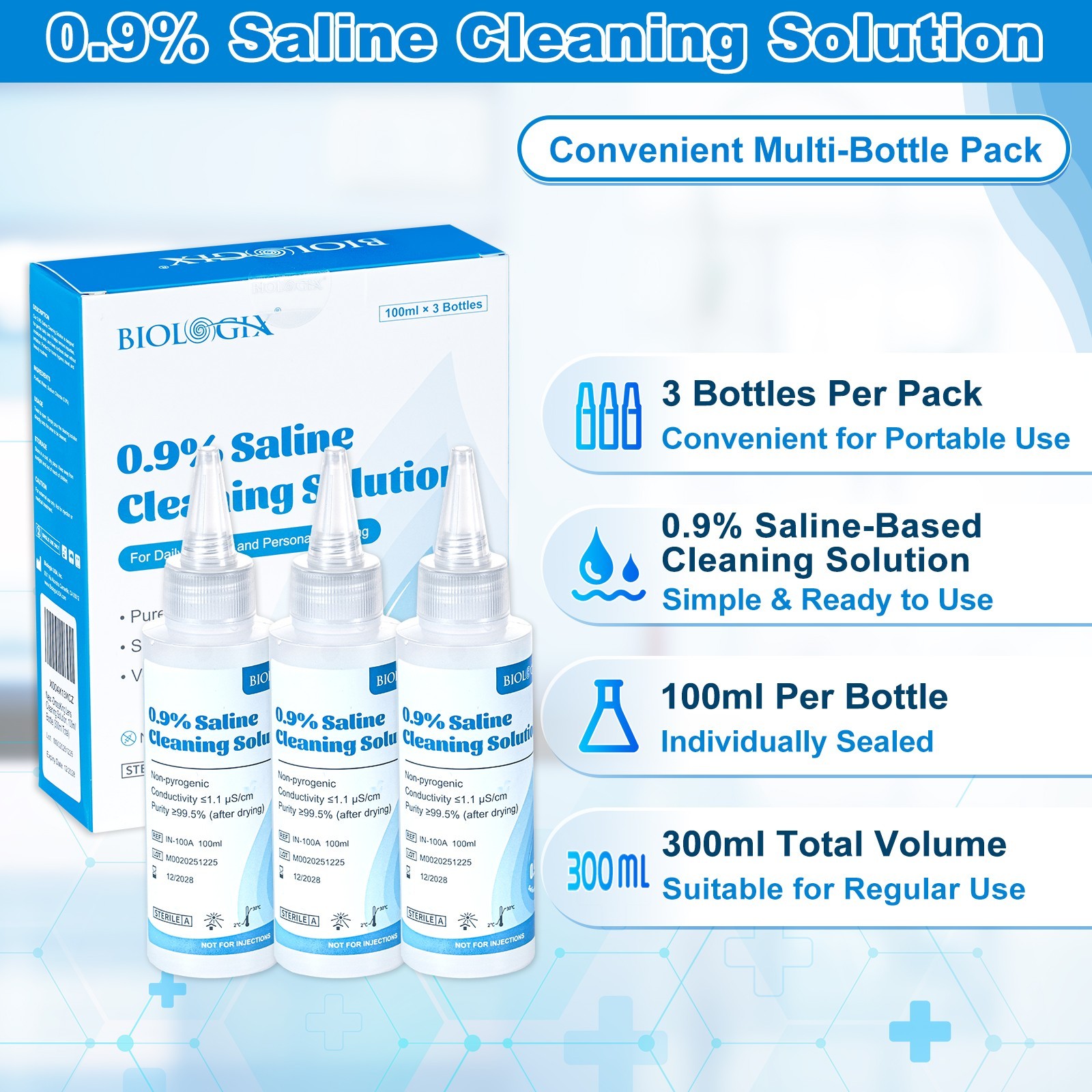 0.9% Saline Cleaning Solution, Normal Solution, 100ml Each, 3 per Box