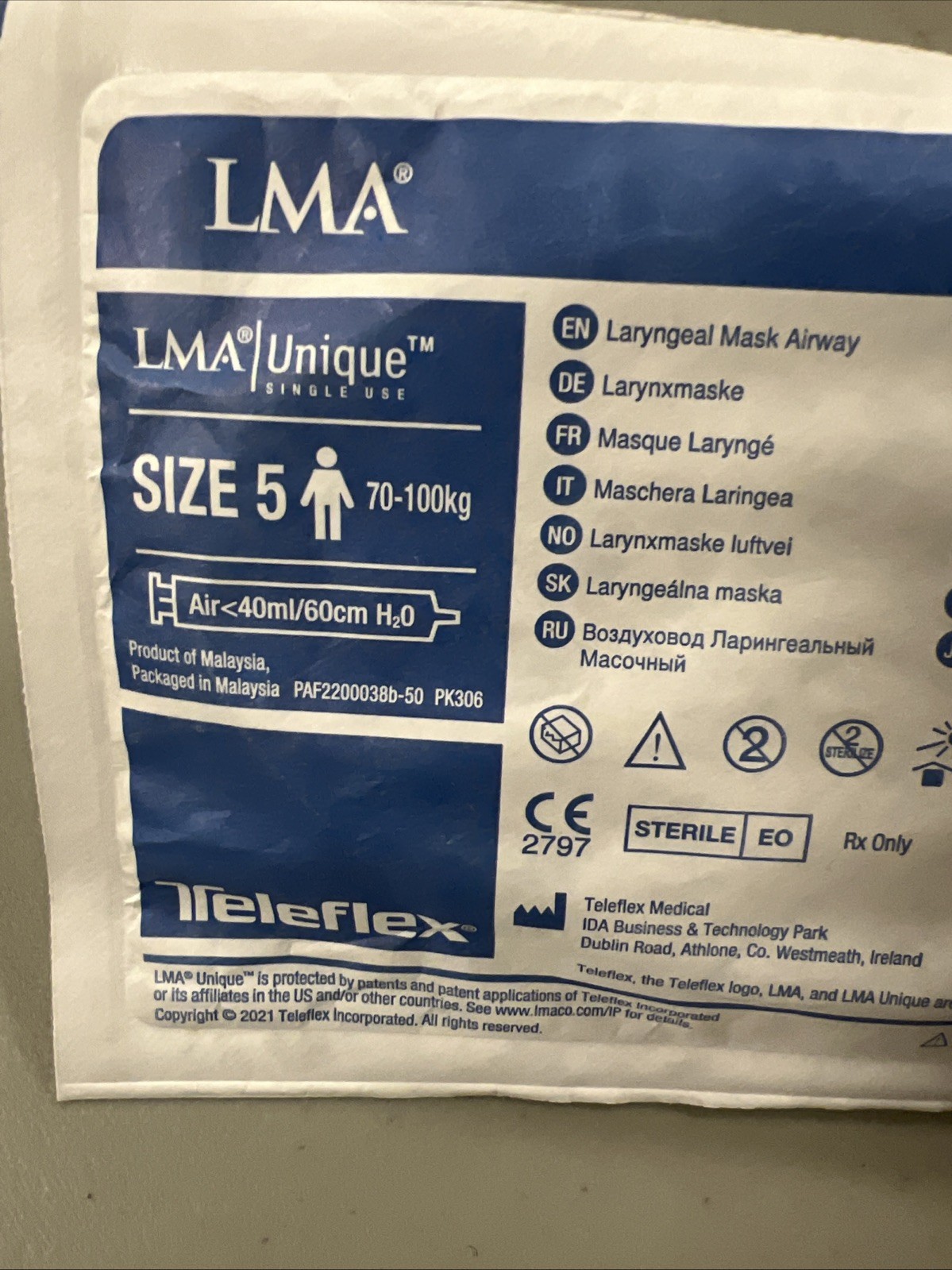 LMA Unique Teleflex Single Use Mask Adult Size 5 Ref#128050 Exp. MAY2025