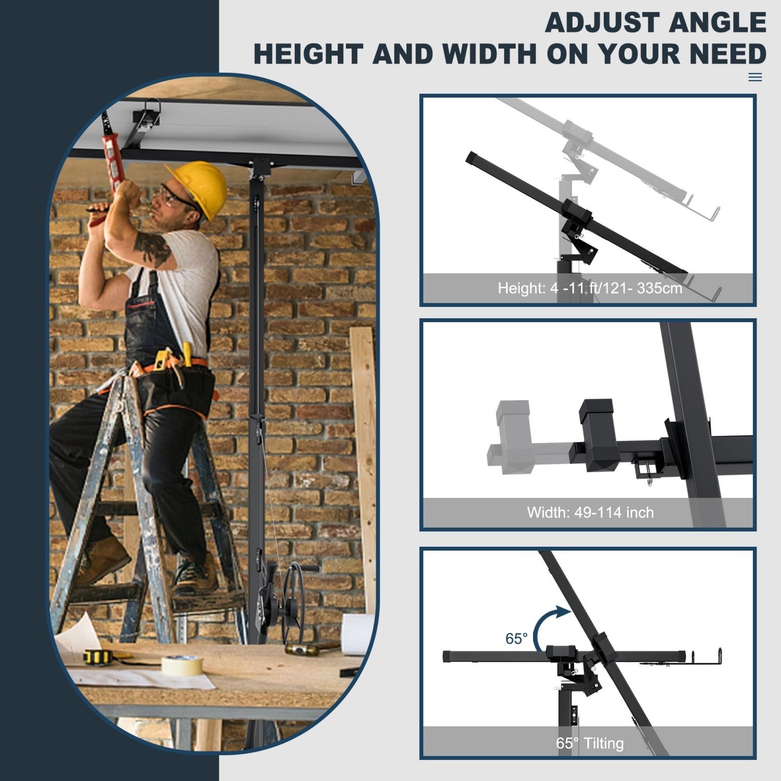 150LB Drywall Lift 11FT Heavy-Duty Winch 4-16FT Telescoping Ceiling Hoist Black