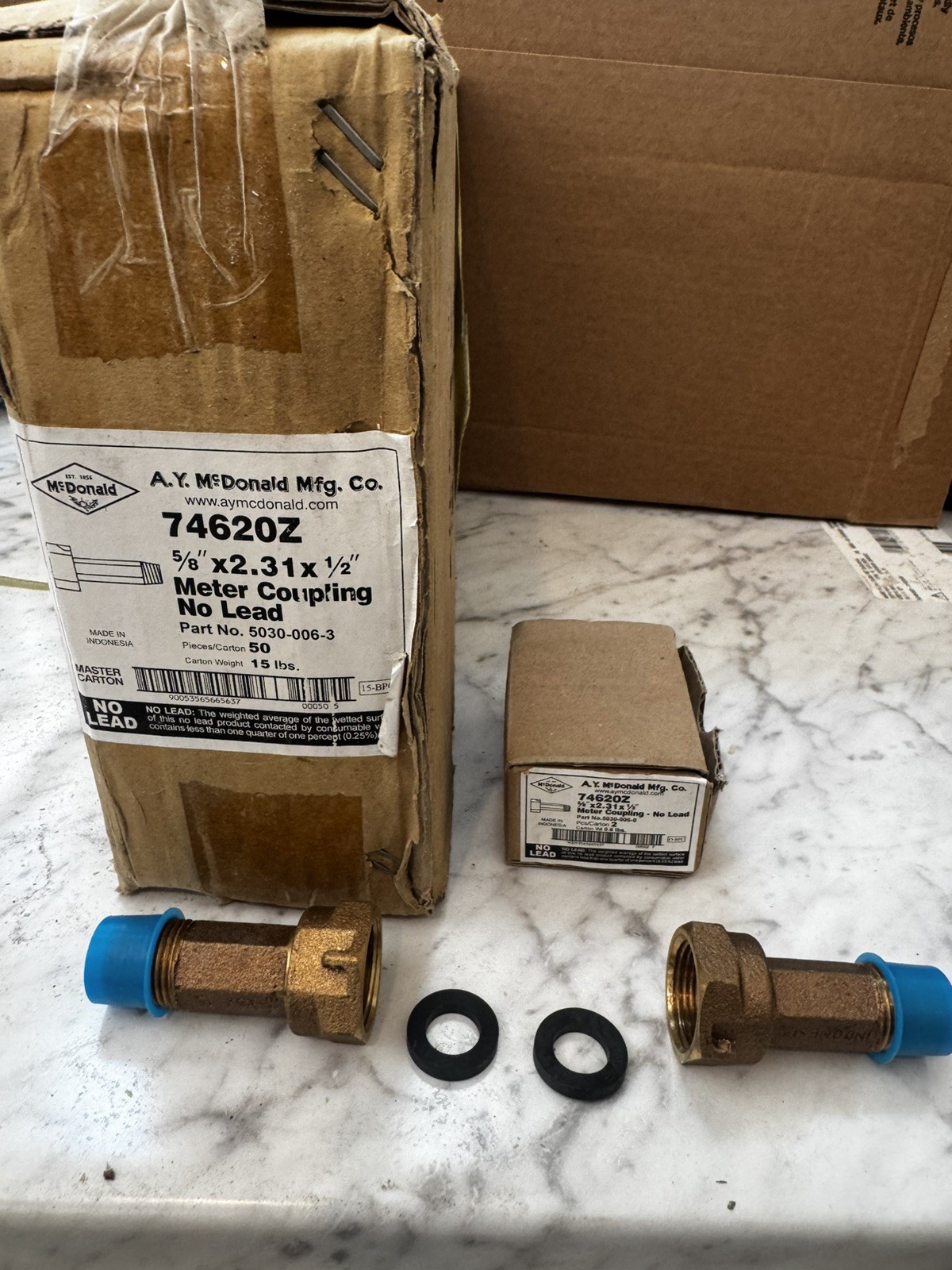 Lot of 100-Water Meter Coupling 5/8” x 2.31 x 1/2″ – New (Case of 50 pairs)