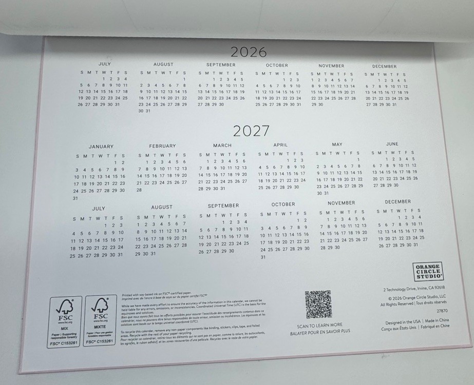 2027 Weekly Desk Calendar Pad 17 Months ORANGE CIRCLE Studio Hard Back PINK GOLD