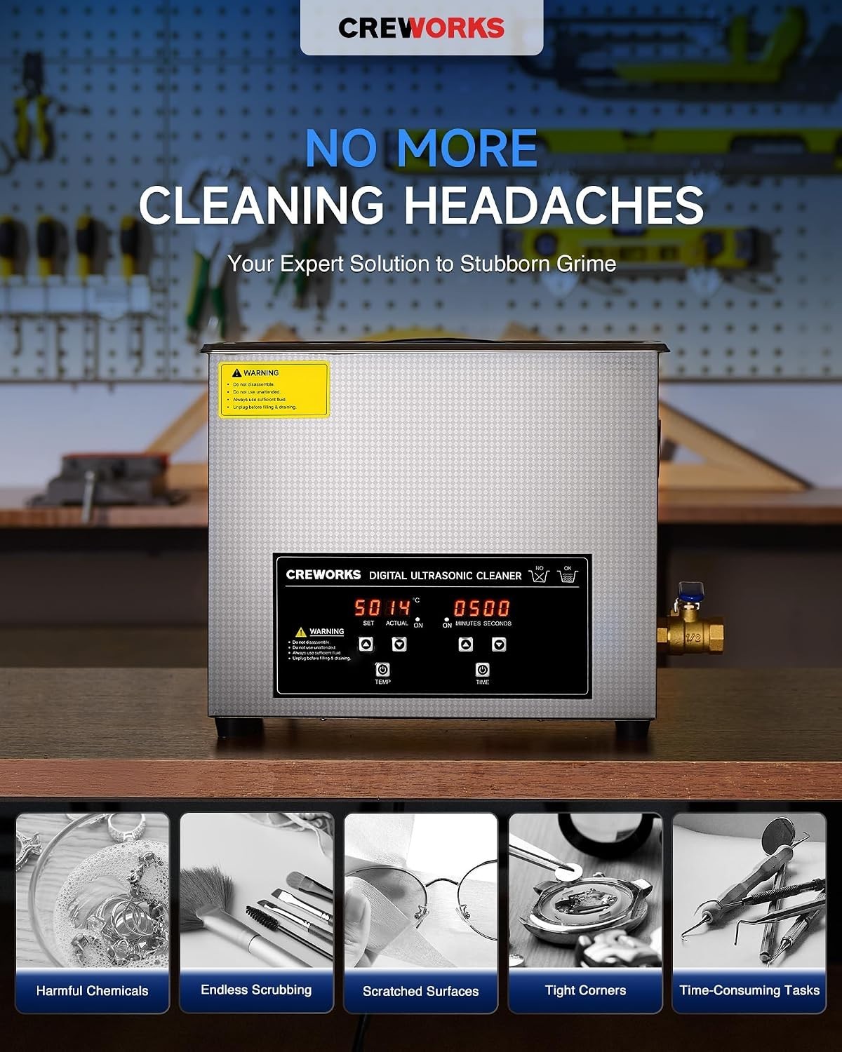 CREWORKS Ultrasound Cleaner, 6L Digital Sonic Cleaning Machine, Heater, Timer