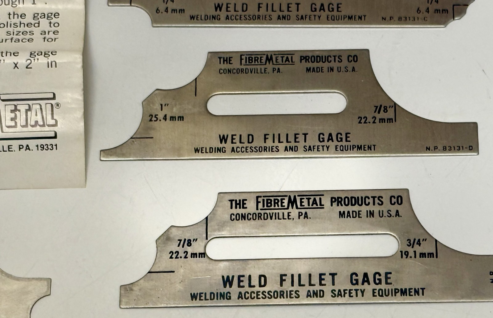 Fibre-Metal Products Weld Fillet Gauge 7 Pc Set Vintage Inspection Tool w/ Paper