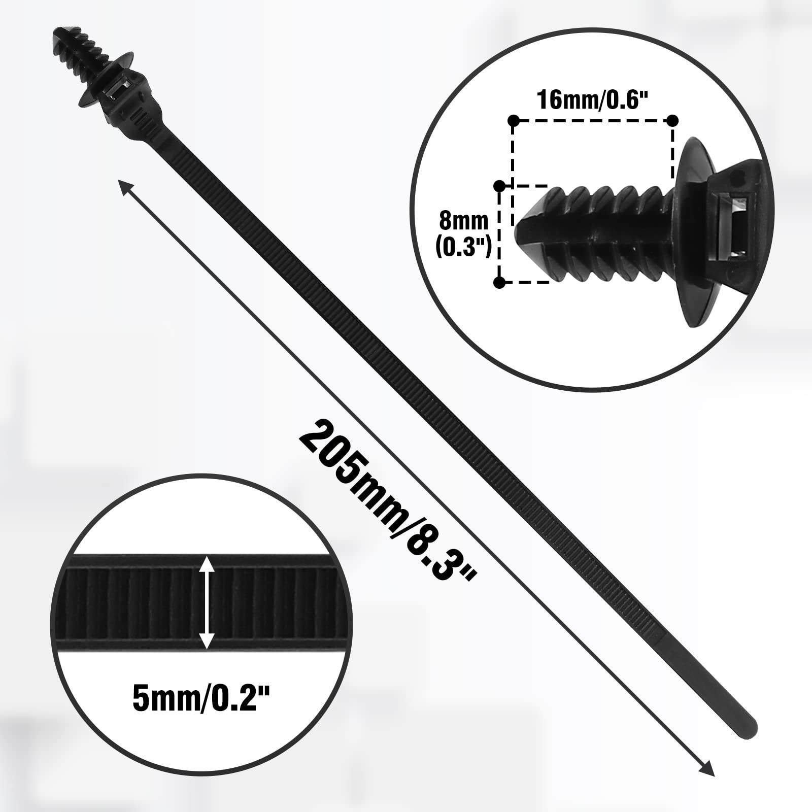 50 Pcs Black Nylon Fir Tree Mount Cable Ties 205mm for Automotive Electrical