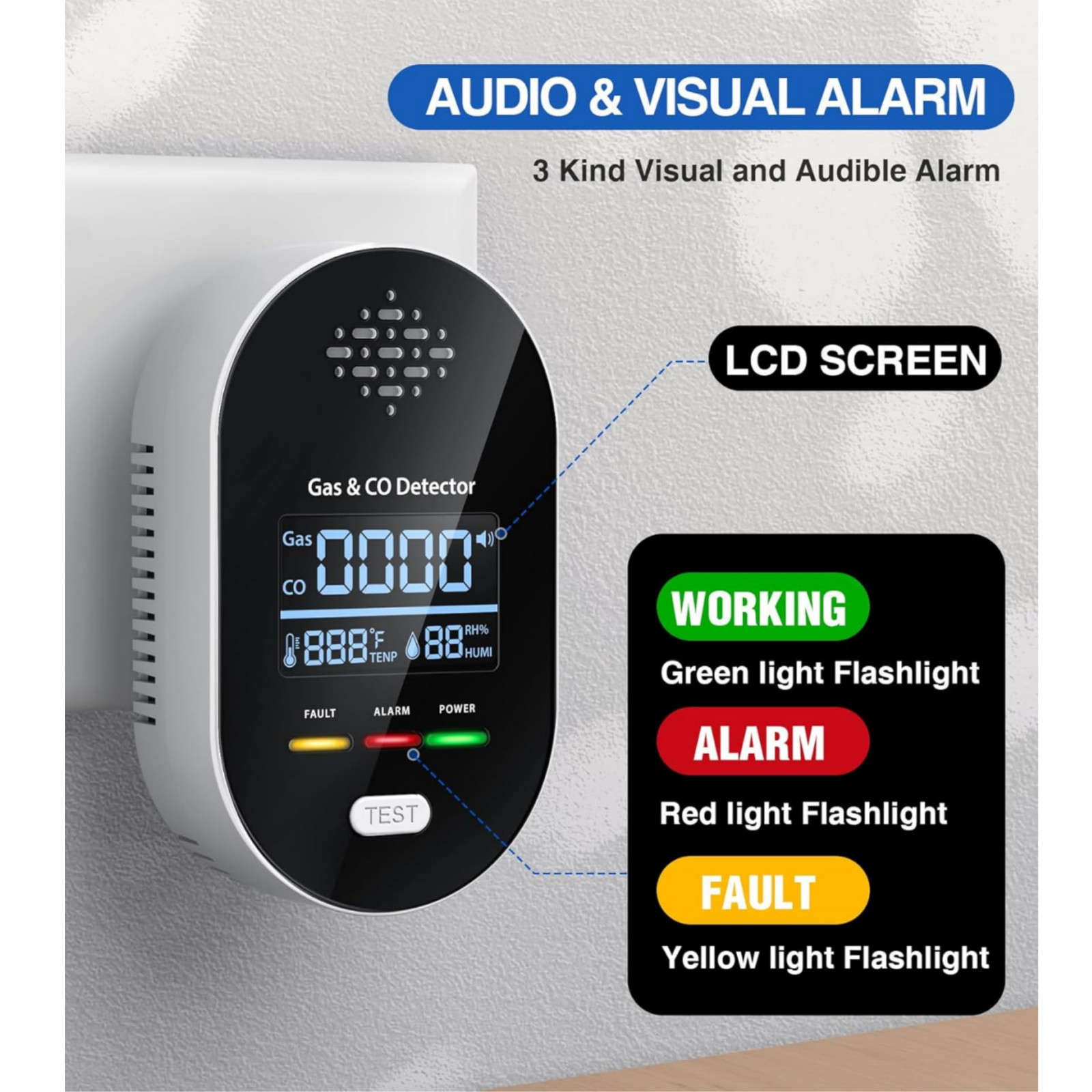 4-in-1 Carbon Monoxide Detector Warning Alarm Sensor LED Digital Gas Detector US