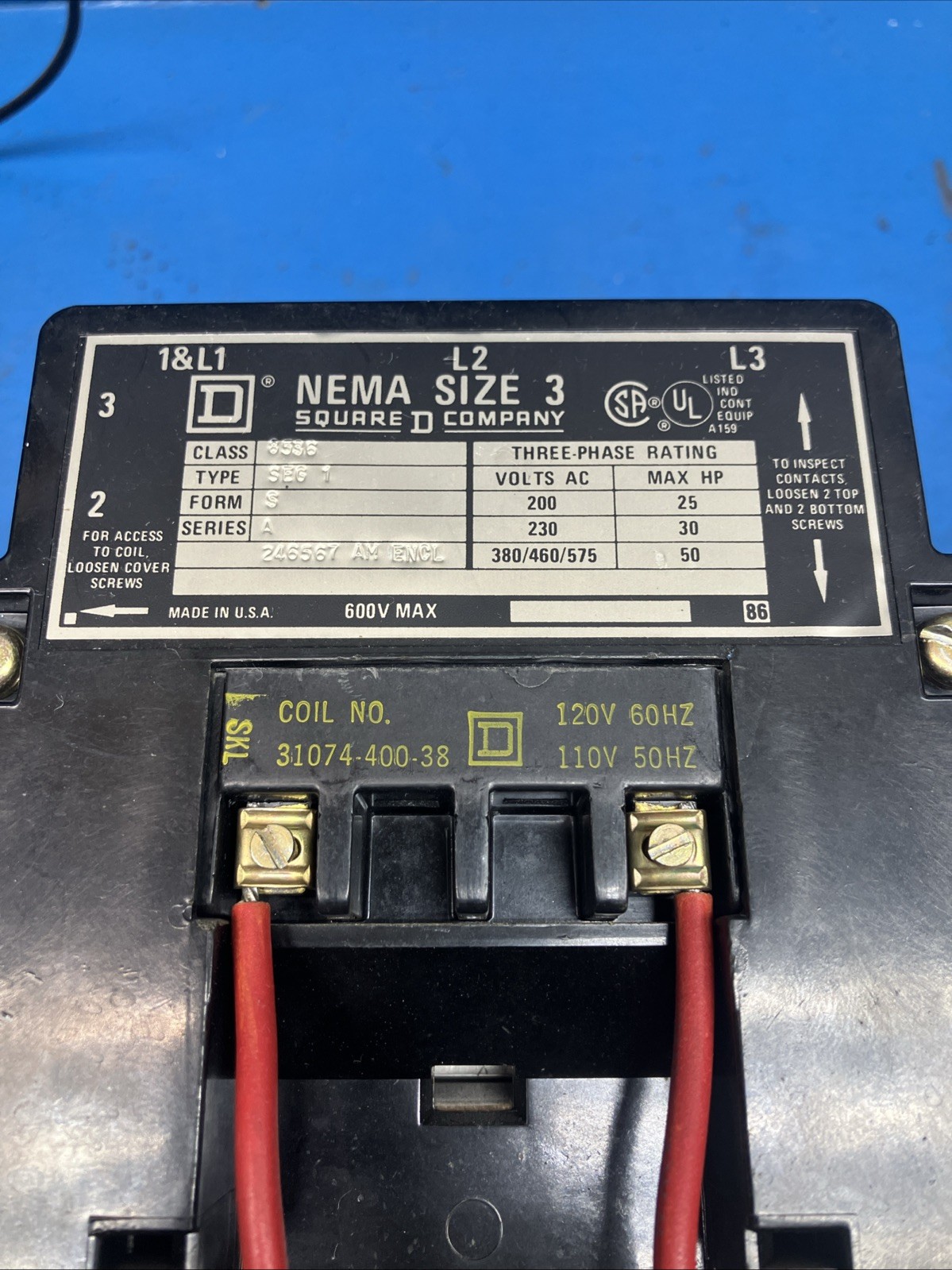 Square D Nema Size 3 Motor Starter Contactor 120V Coil 3 Pole 8536SEG1SA