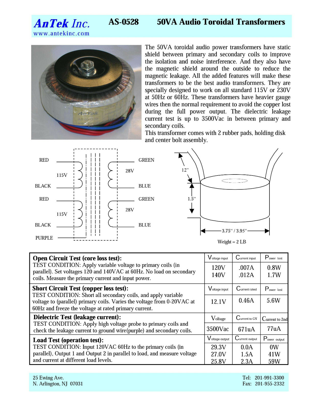 50VA at 28V 0.9A – 56VCT Power Transformer Antek AS-0528