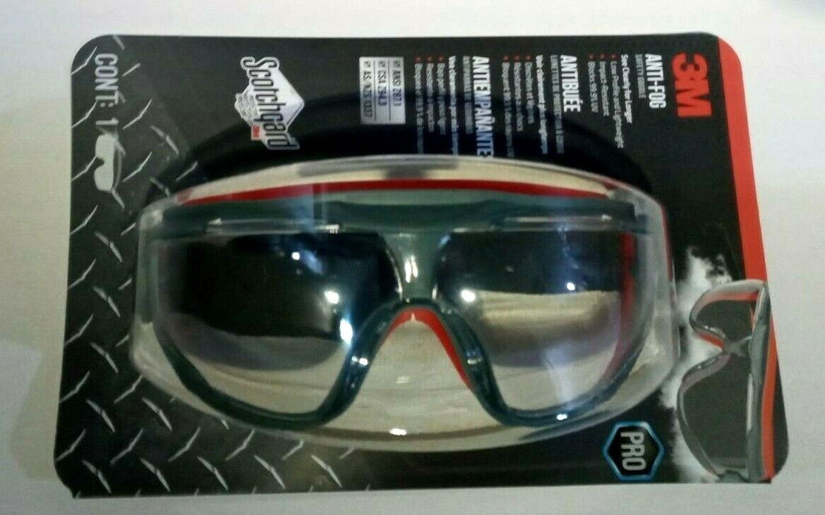 3M Scotchgard Anti-Fog Safety Goggles PRO Gray / Red with Clear Lens, NEW