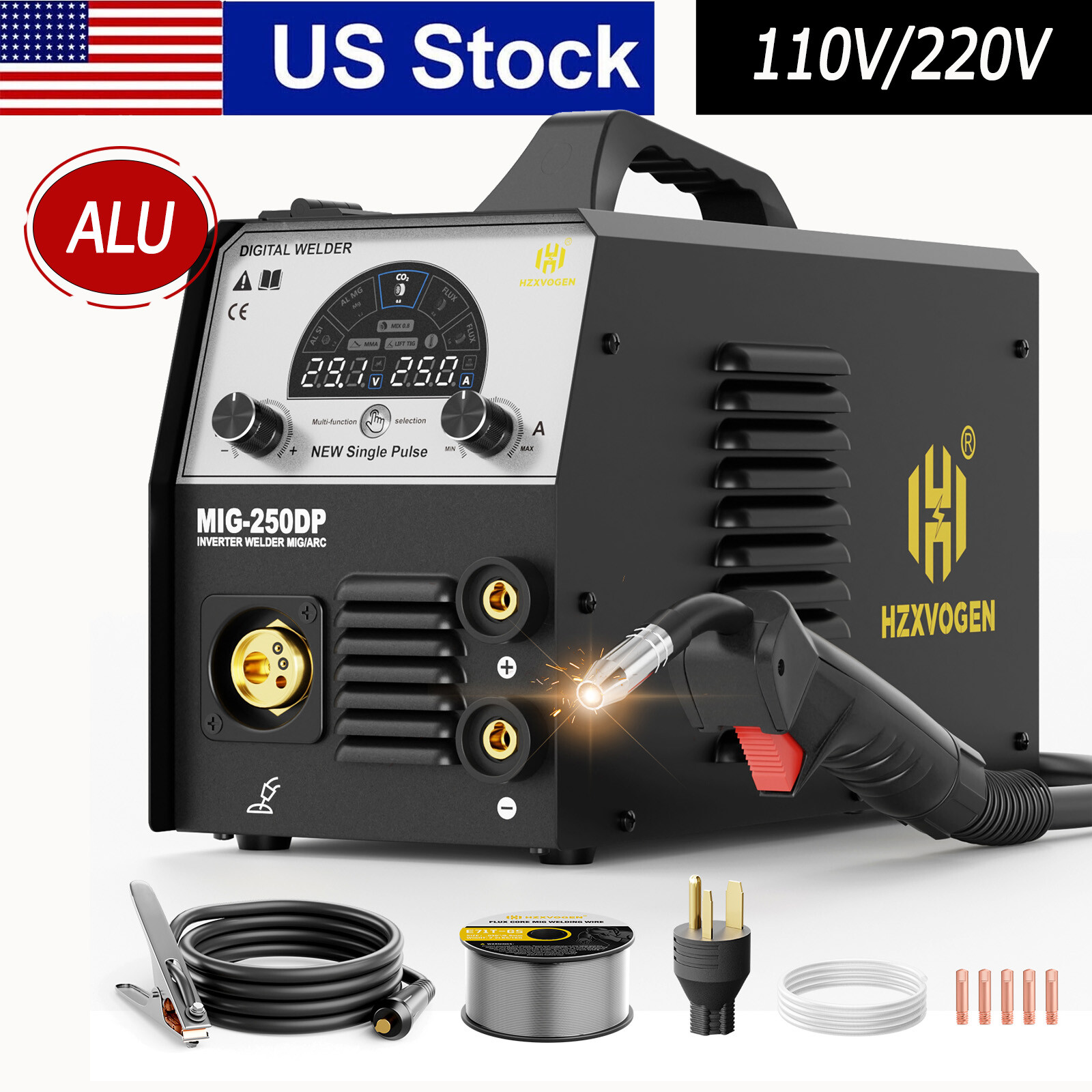 250Amp 5in1 Alu MIG Welding Machine Gasless Gas Pulse MIG Lift TIG Stick Welder
