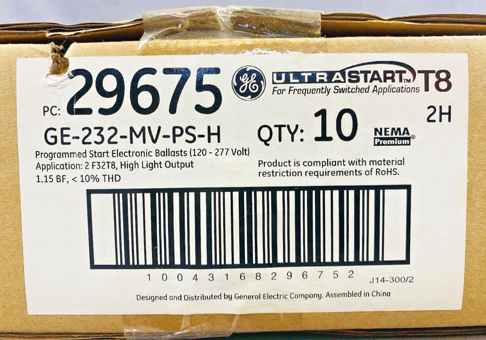 NEW BOX OF 10 GE 29675 GE-232-MV-PS-H Electronic Ballasts; 2 Lamp, T8, 120-277V
