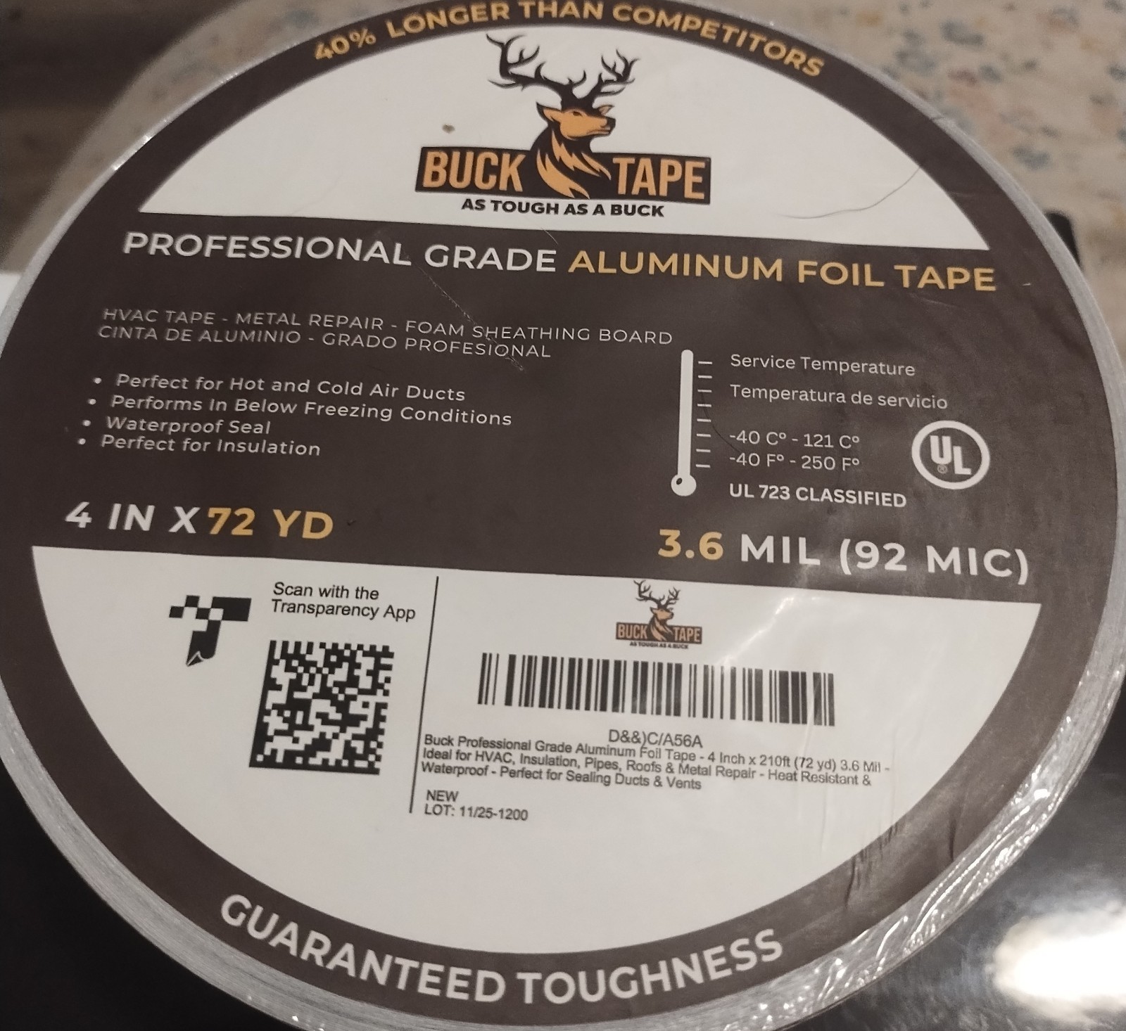 Buck Pro Aluminum Foil Tape 4 Inch x 72 yd, 3.6 Mil – HVAC Tape for Ductwork