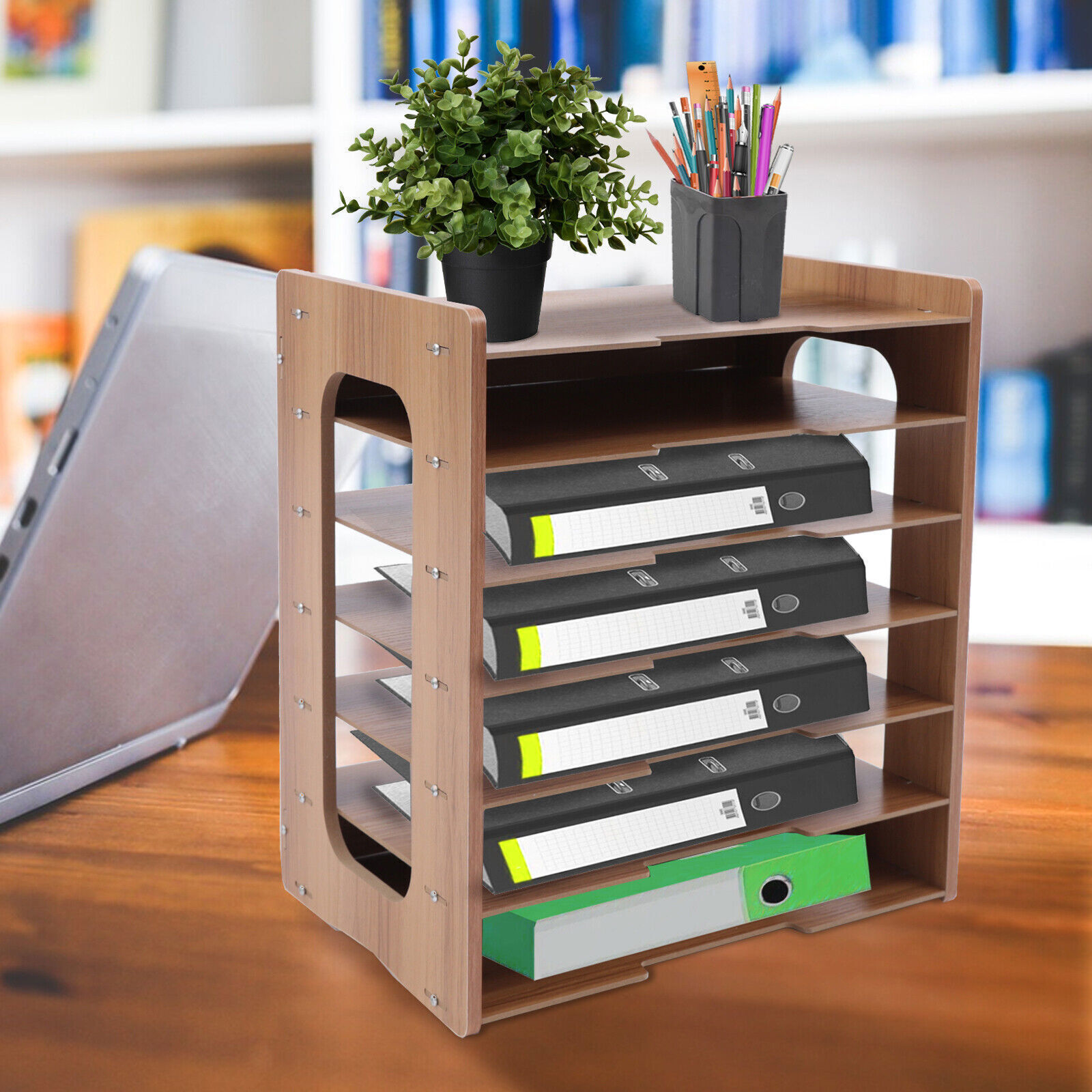 7 Tier Wood Desktop Paper Organizer File Document Storage Shelf for Home Office
