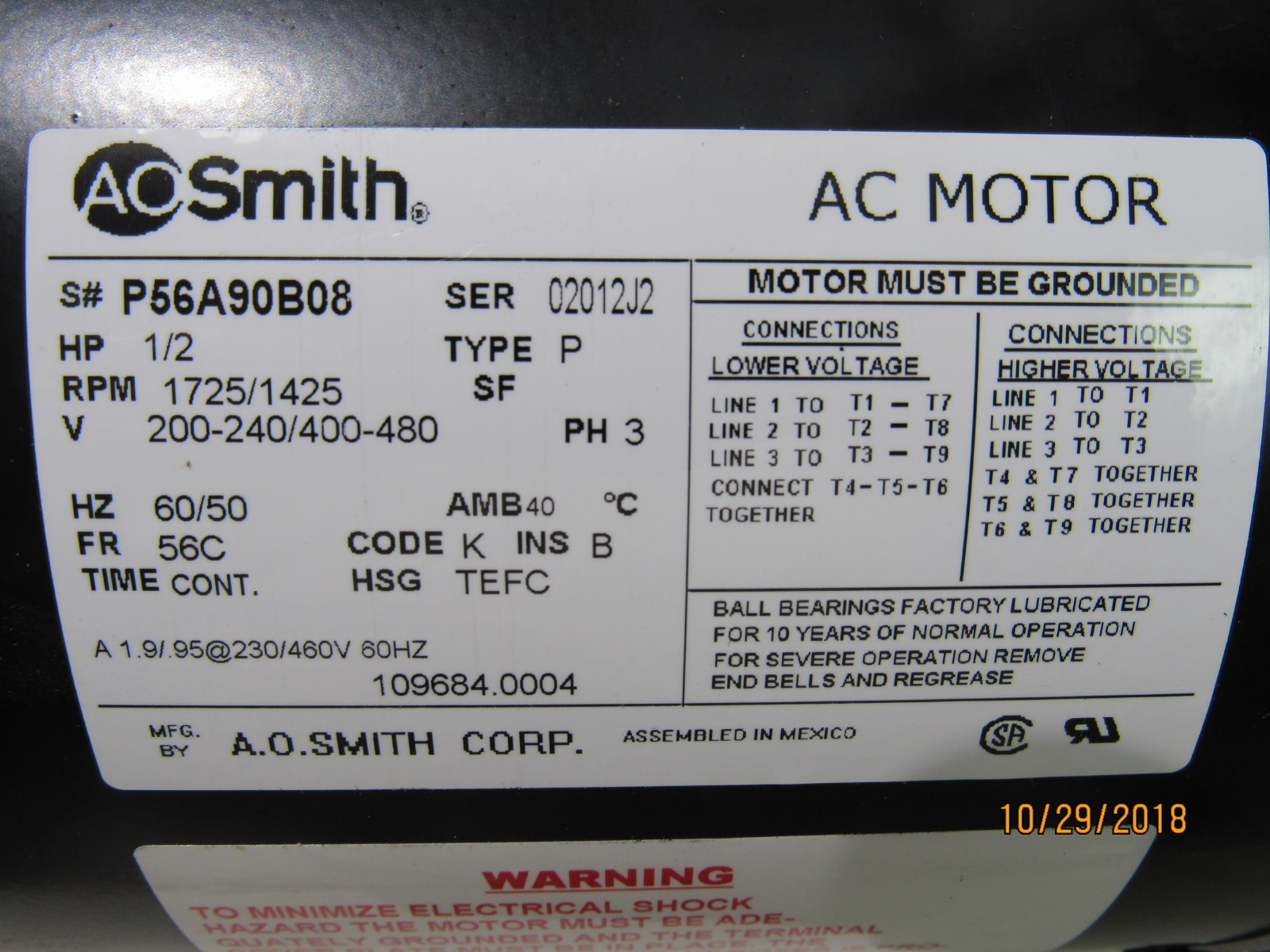 A.O. SMITH P56A90B08 1/2HP 230/240/460/480 3PH 1725RPM AC MOTOR 56C 5/8″ SHAFT