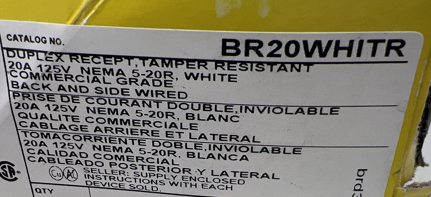 HUBBELL BR20WHIWRTR Receptacle, Duplex 20A 5-20R 125V White Back & Side Wired