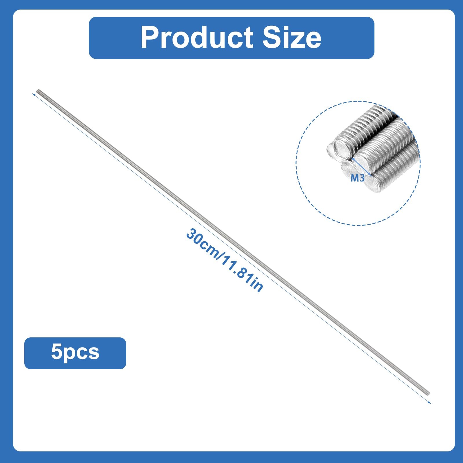 M3 x 300mm Fully Threaded Rod 304 Stainless Steel Right Hand Threads 5 PCS