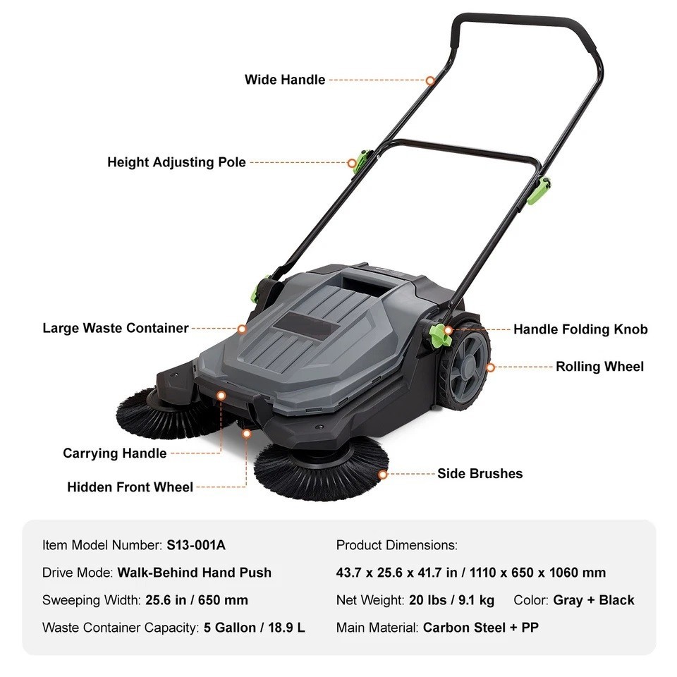 Walk-behind Hand Push Floor Sweeper 25.6″ Width 5 Gallon Waste Container