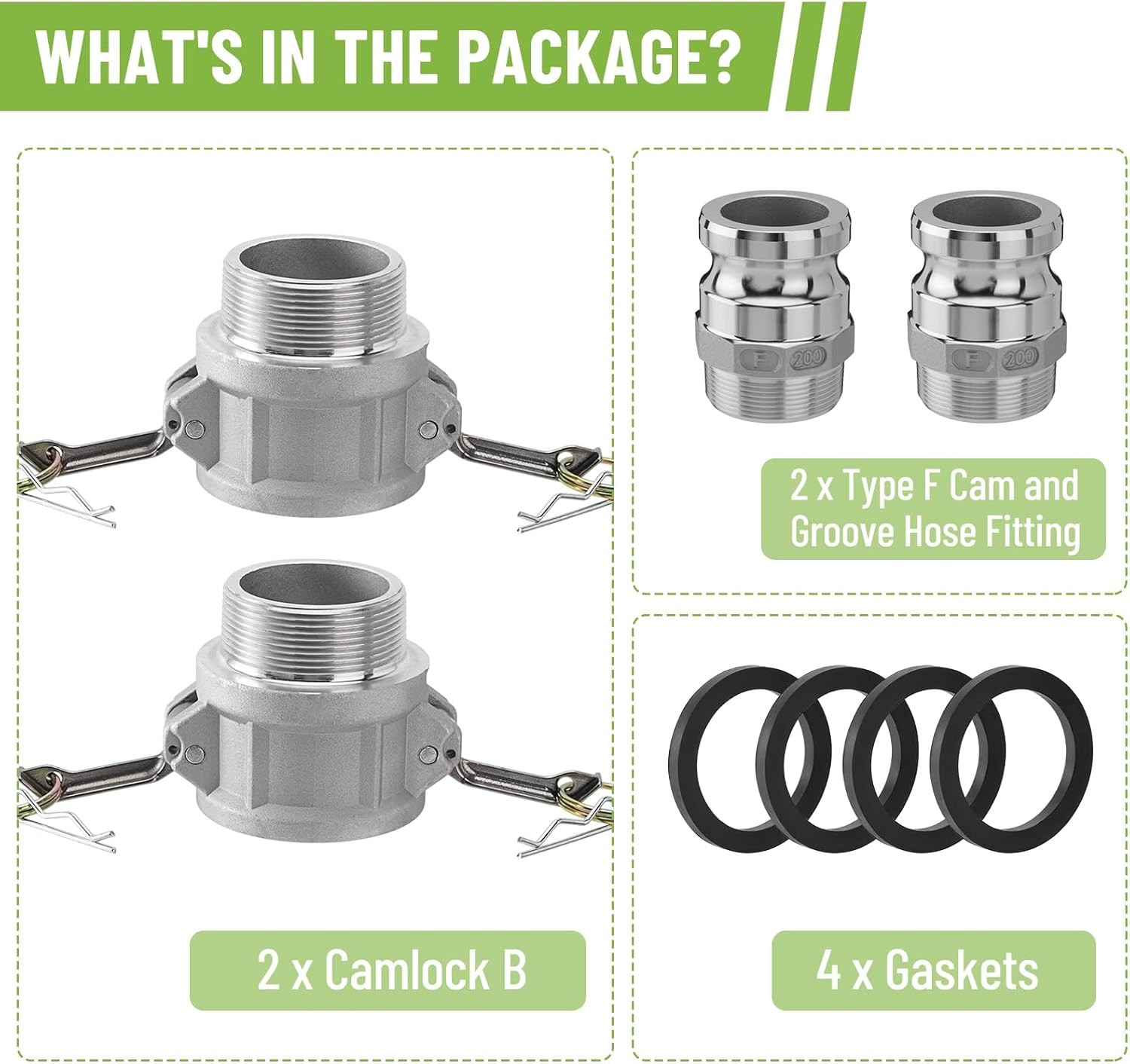 2 Pack Aluminum Camlock Fittings Type B & Type F Cam and Groove Hose Fittings A+
