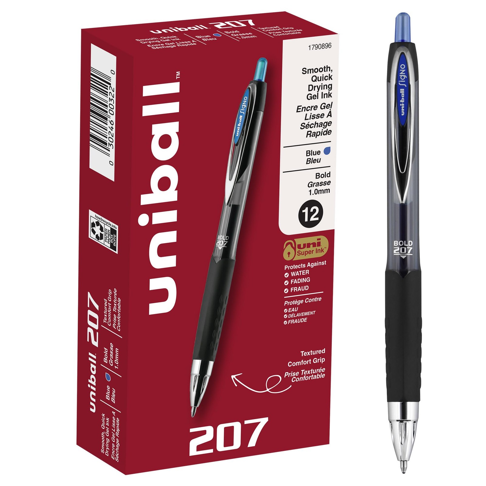 uni-ball 207 Retractable Gel Pens, Bold Point (1.0mm), Blue, 12 Count