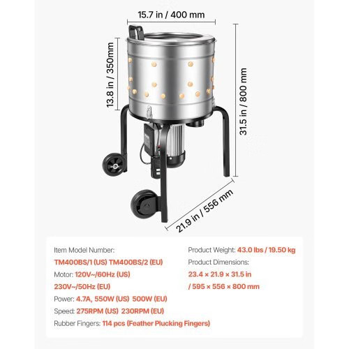 Chicken Plucker Machine, 15.7 in Drum, 550W & 275RPM Electric Chicken Plucking M