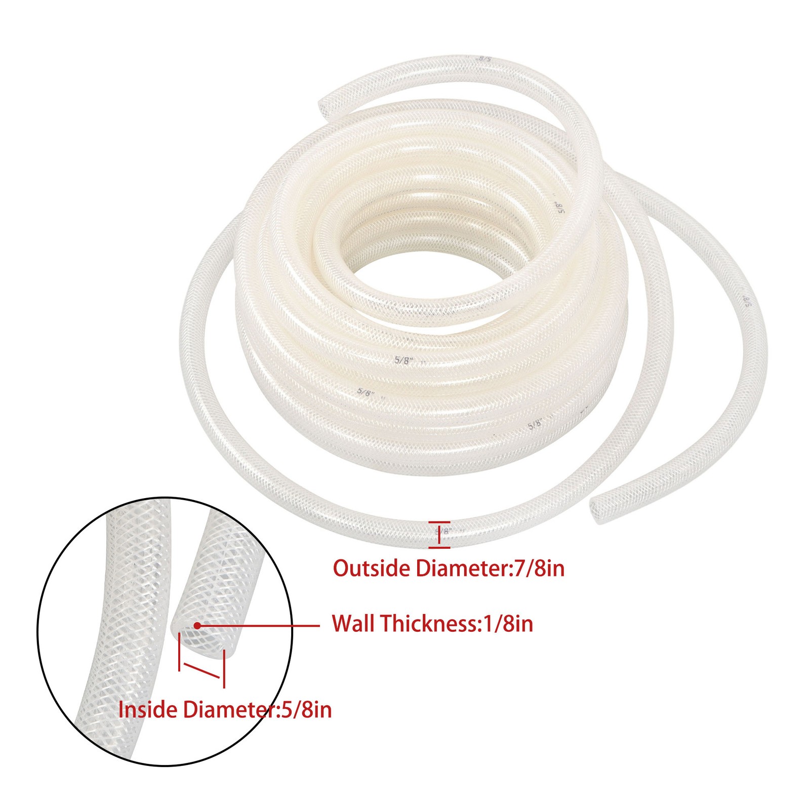 5/8″ ID x 7/8″ OD 50ft High Pressure Clear Braided PVC Hose, Heavy Duty Flexible