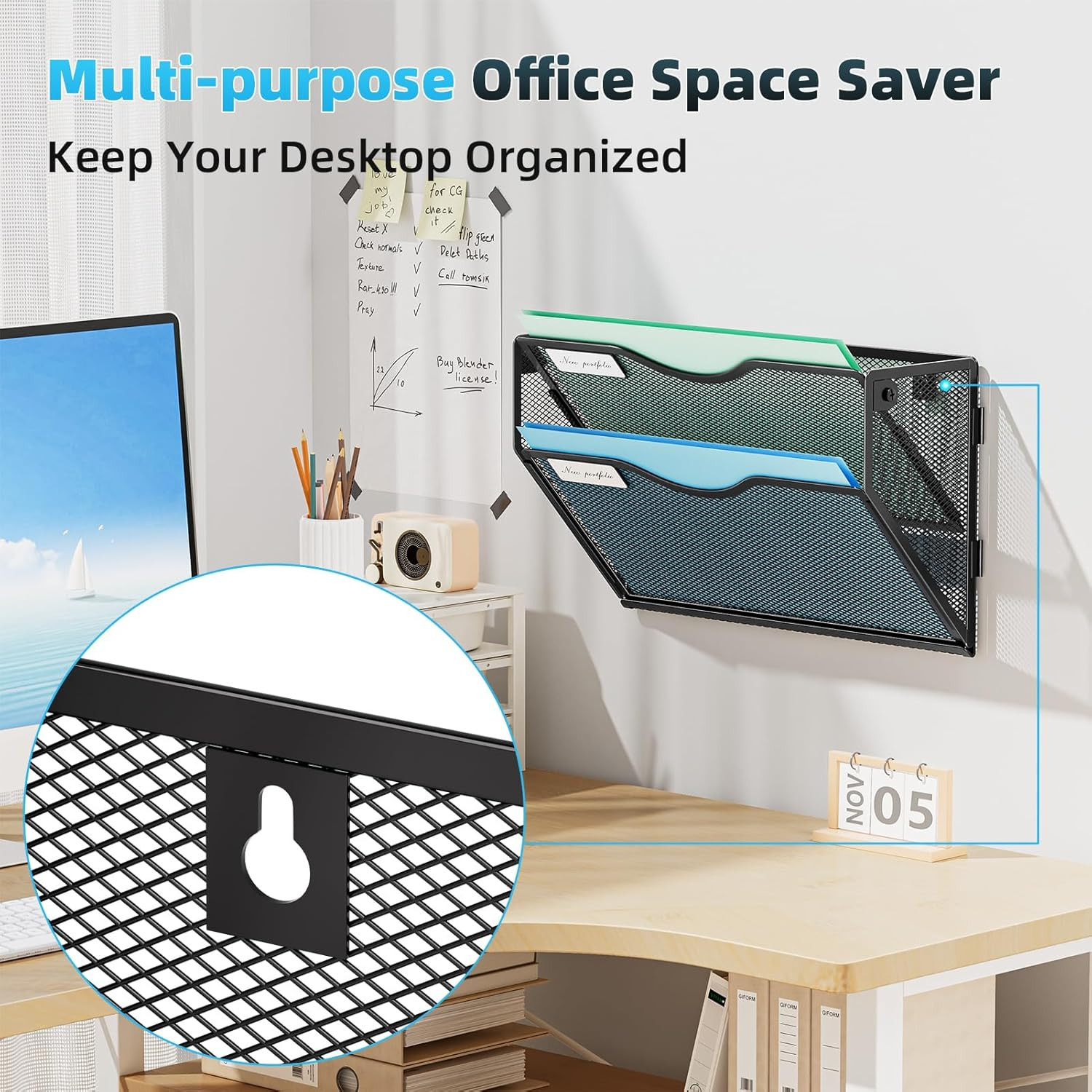 2 Tier Wall File Organizer Mesh Hanging Mail Holder Office Home Black Storage